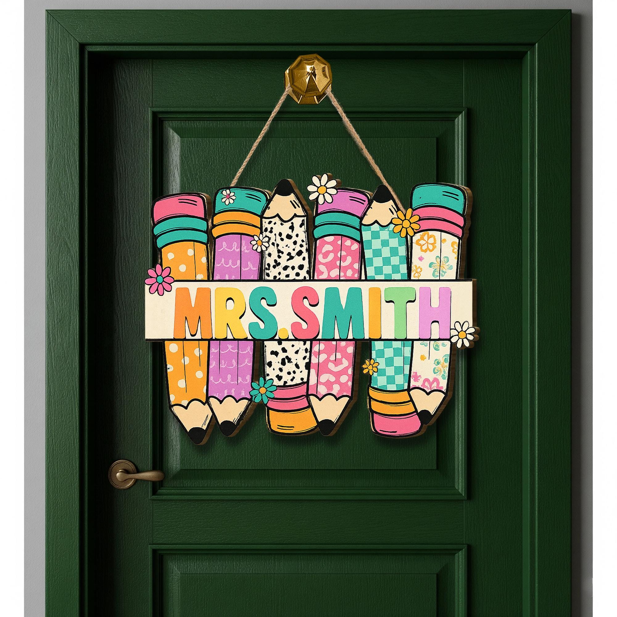 Teacher Pencil Door Hanger, Personalized Classroom Sign, Custom Name Teacher Gift, Back to School Decor, Cute Outdoor Sign
