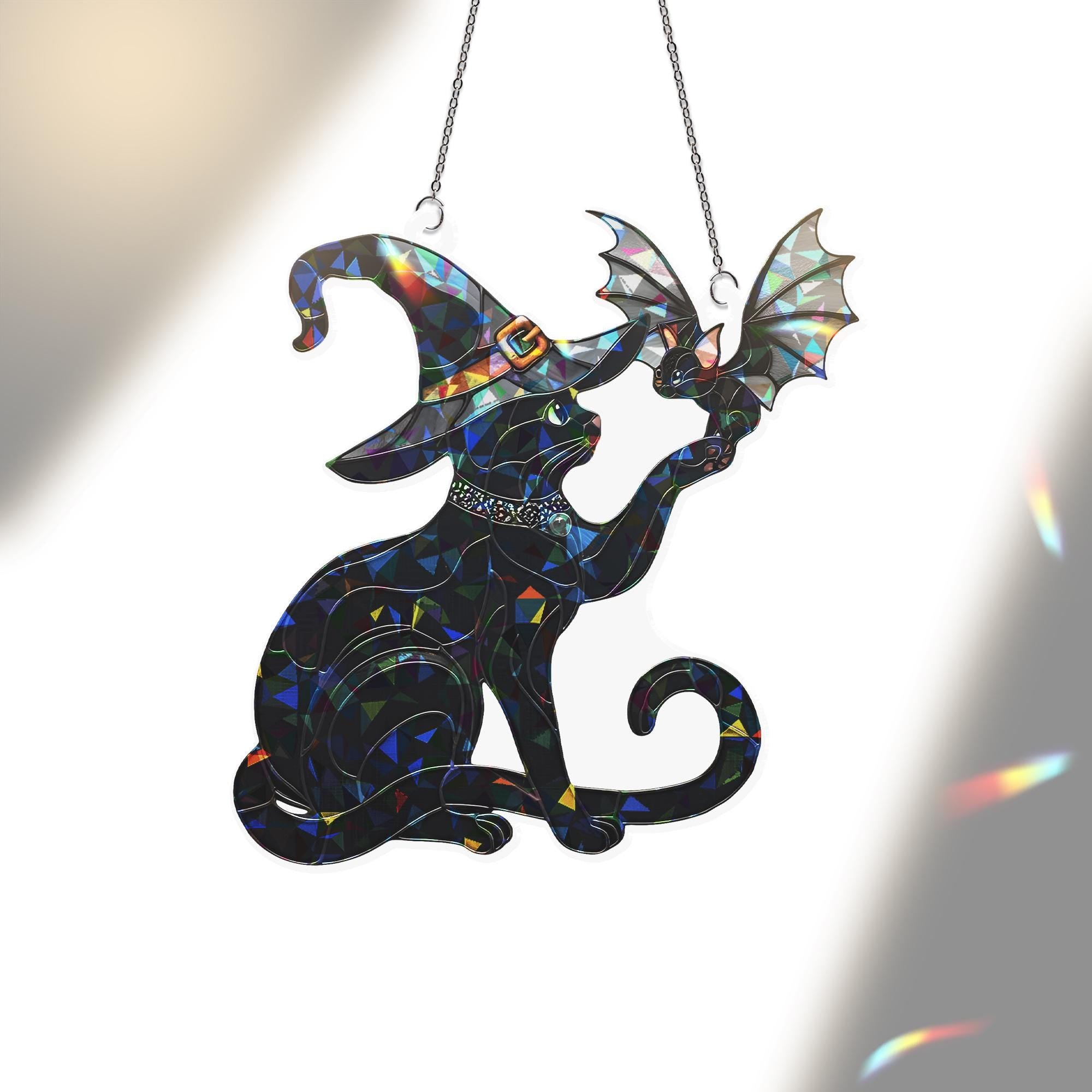 Witch Cat and Bat Suncatcher, Holographic Acrylic Halloween Window Decor, Spooky Cute Black Cat Ornament, Gothic Fall Home Accent