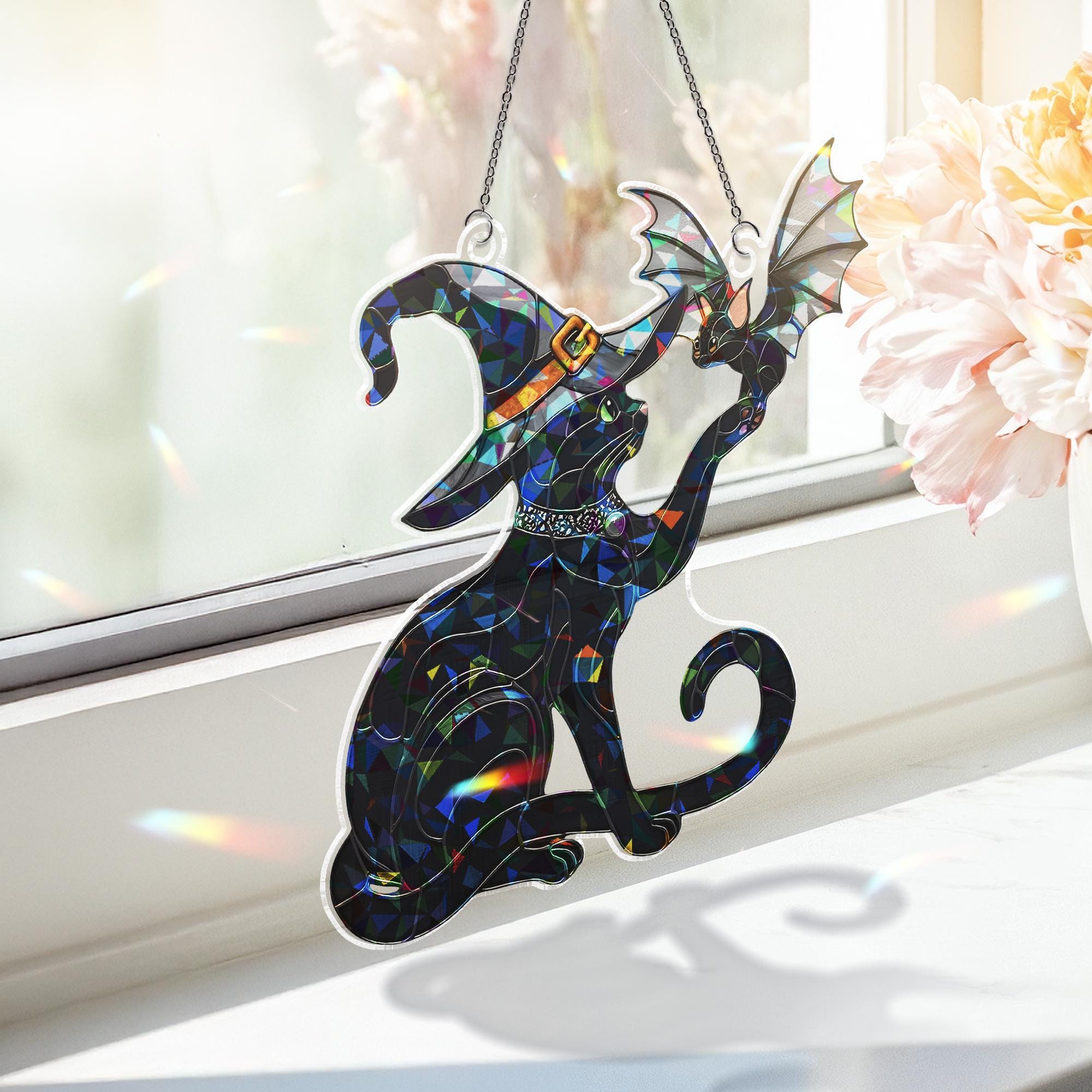 Witch Cat and Bat Suncatcher, Holographic Acrylic Halloween Window Decor, Spooky Cute Black Cat Ornament, Gothic Fall Home Accent