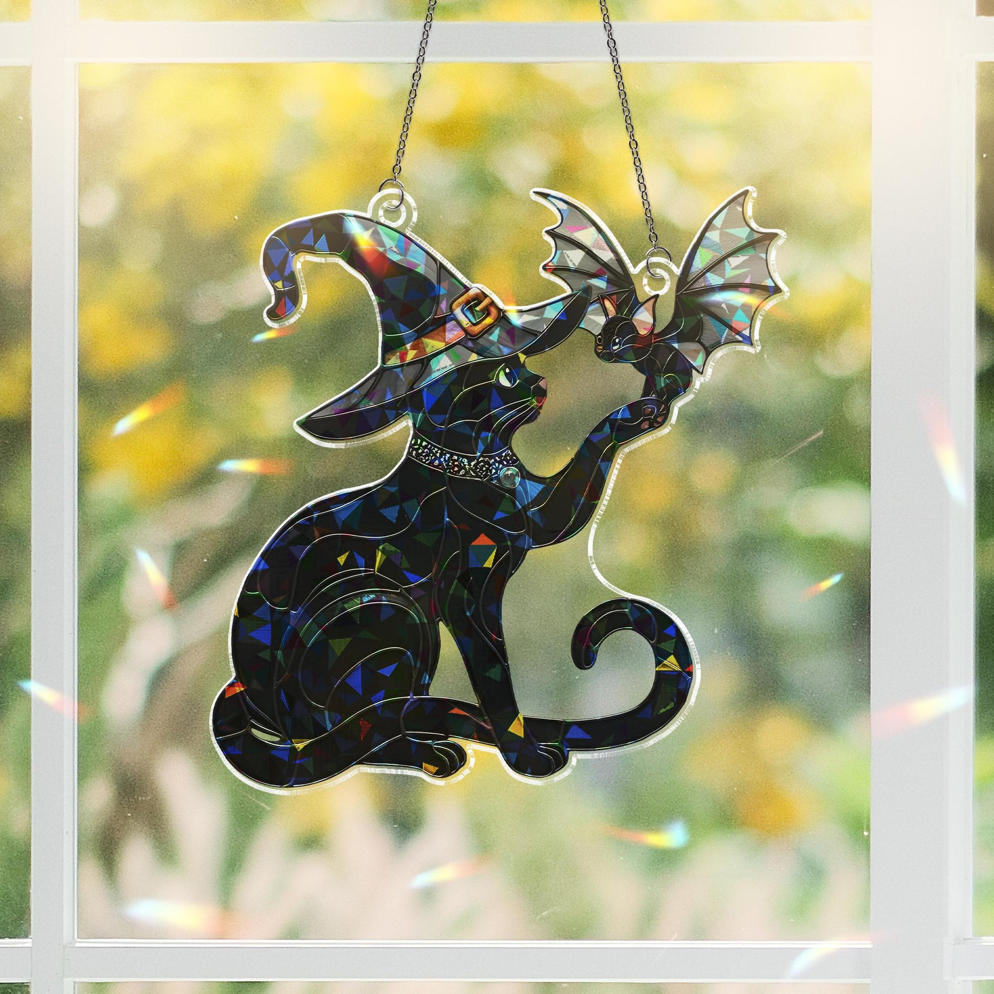 Witch Cat and Bat Suncatcher, Holographic Acrylic Halloween Window Decor, Spooky Cute Black Cat Ornament, Gothic Fall Home Accent