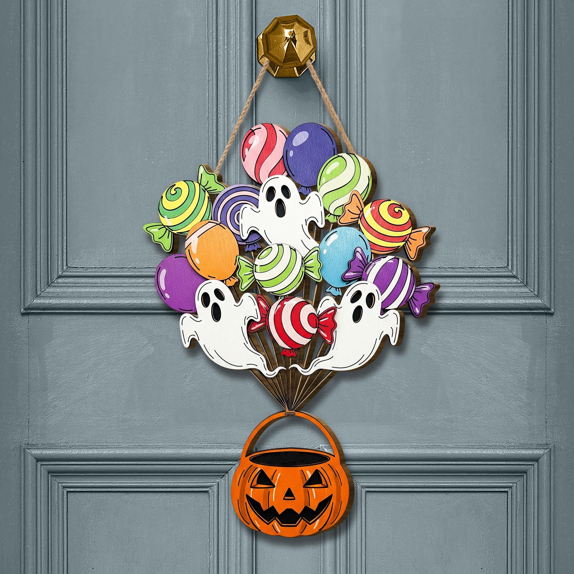 Colorful Ghost Candy Halloween Door Sign, Trick or Treat Wooden Porch Hanger, Cute Fall Wall Decor with Pumpkin Candy Bucket