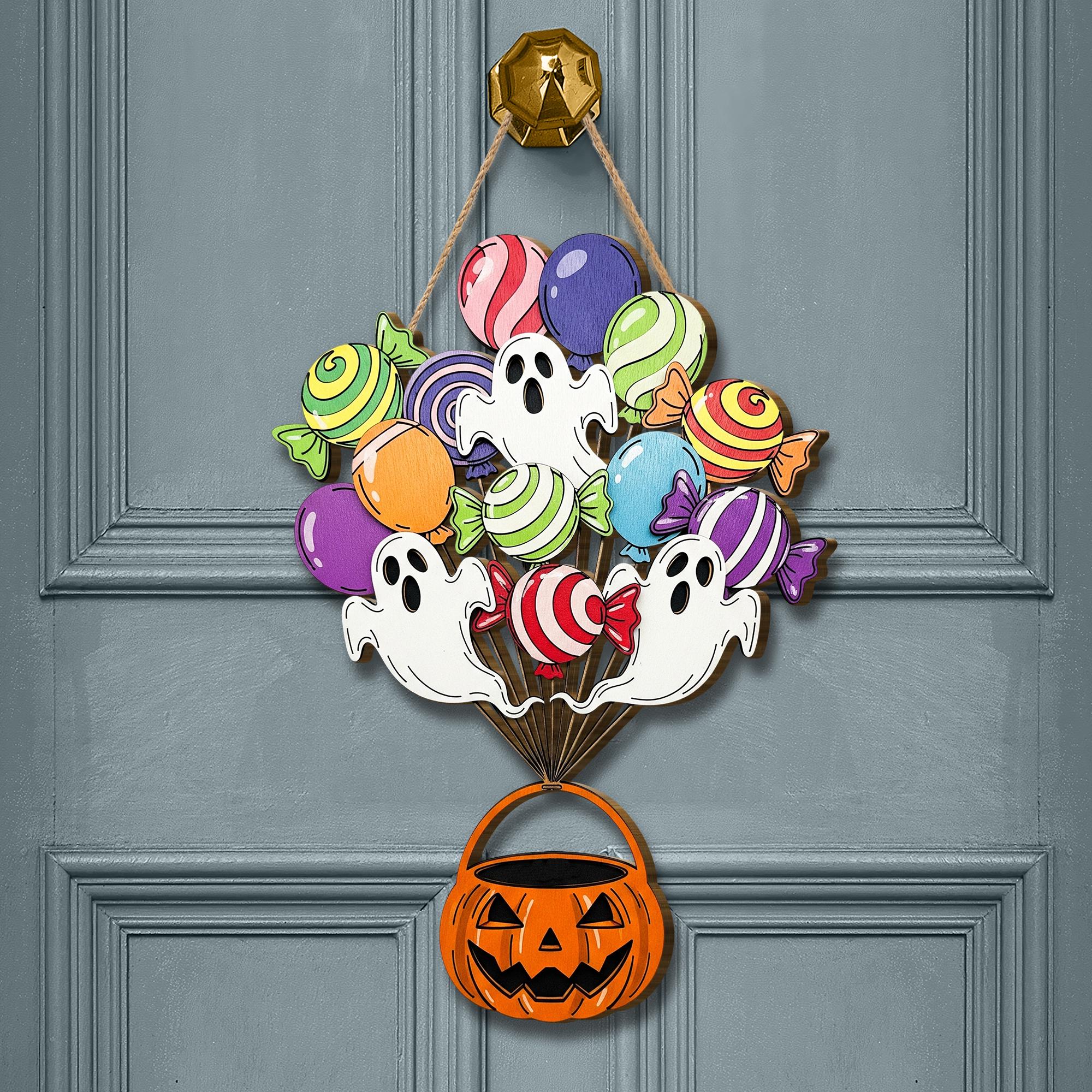 Colorful Ghost Candy Halloween Door Sign, Trick or Treat Wooden Porch Hanger, Cute Fall Wall Decor with Pumpkin Candy Bucket