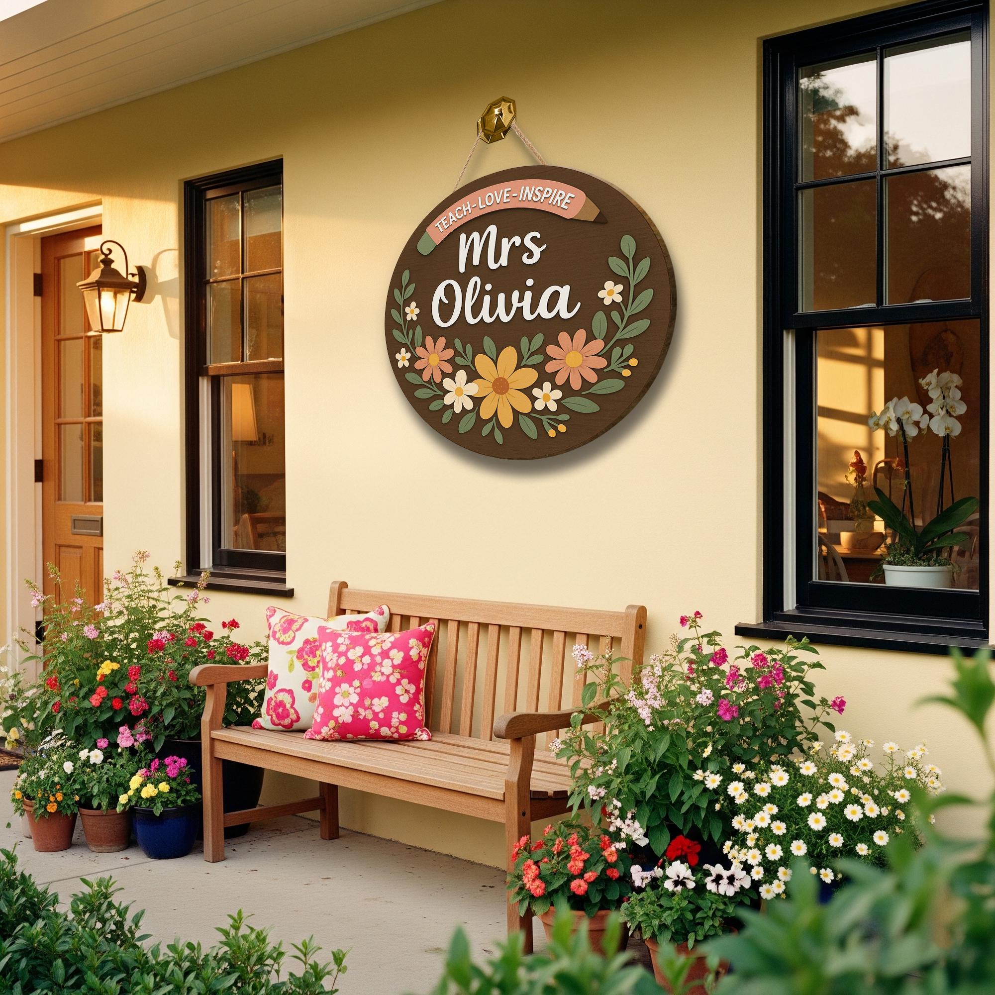 Floral Teacher Door Hanger, Teach Love Inspire Sign, Personalized Classroom Decor, Custom Name Wood Sign, Back to School Gift