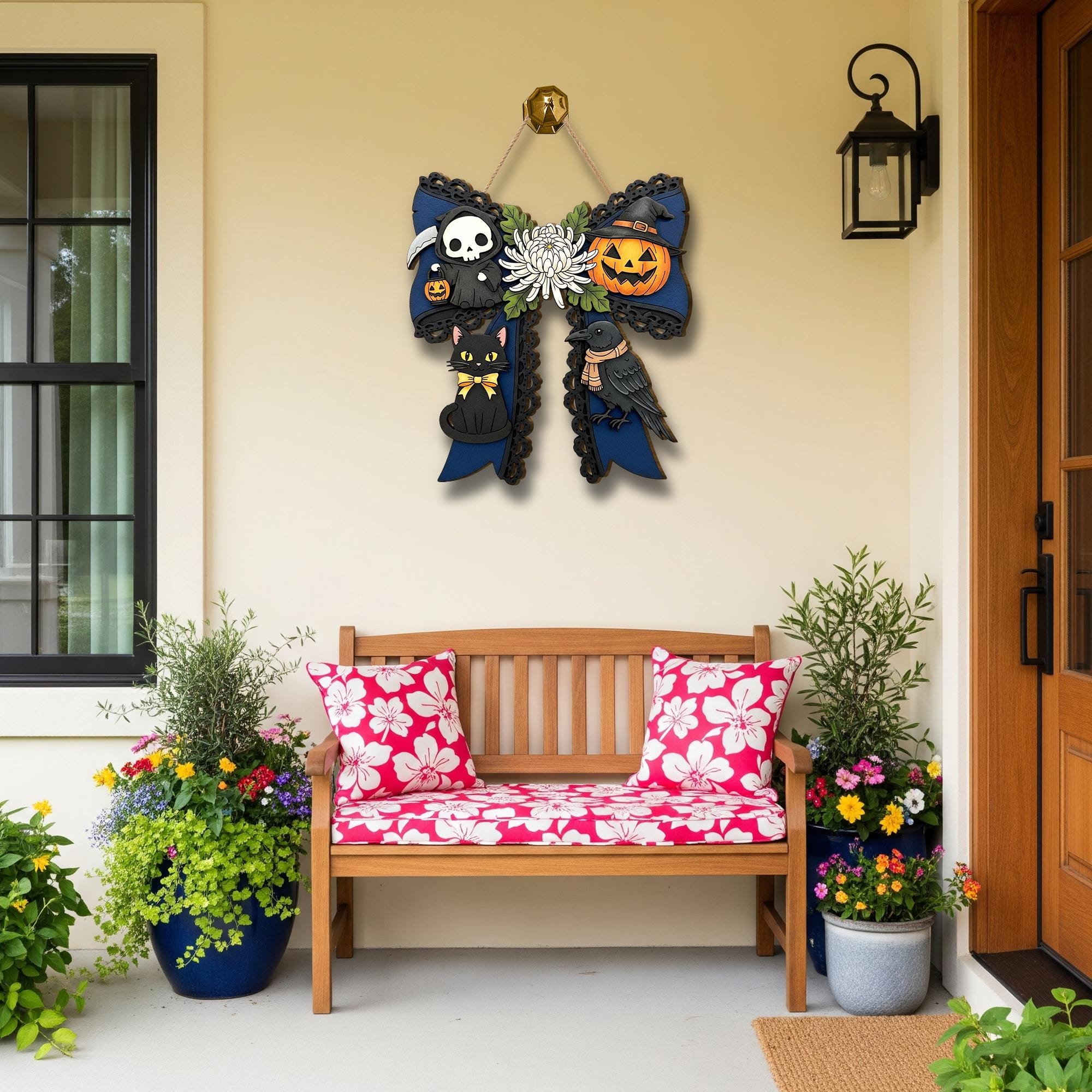 Halloween Bow Wooden Door Sign with Cat, Crow & Pumpkin, Spooky Fall Porch Decor, Gothic Halloween Wall Hanging for Front Door