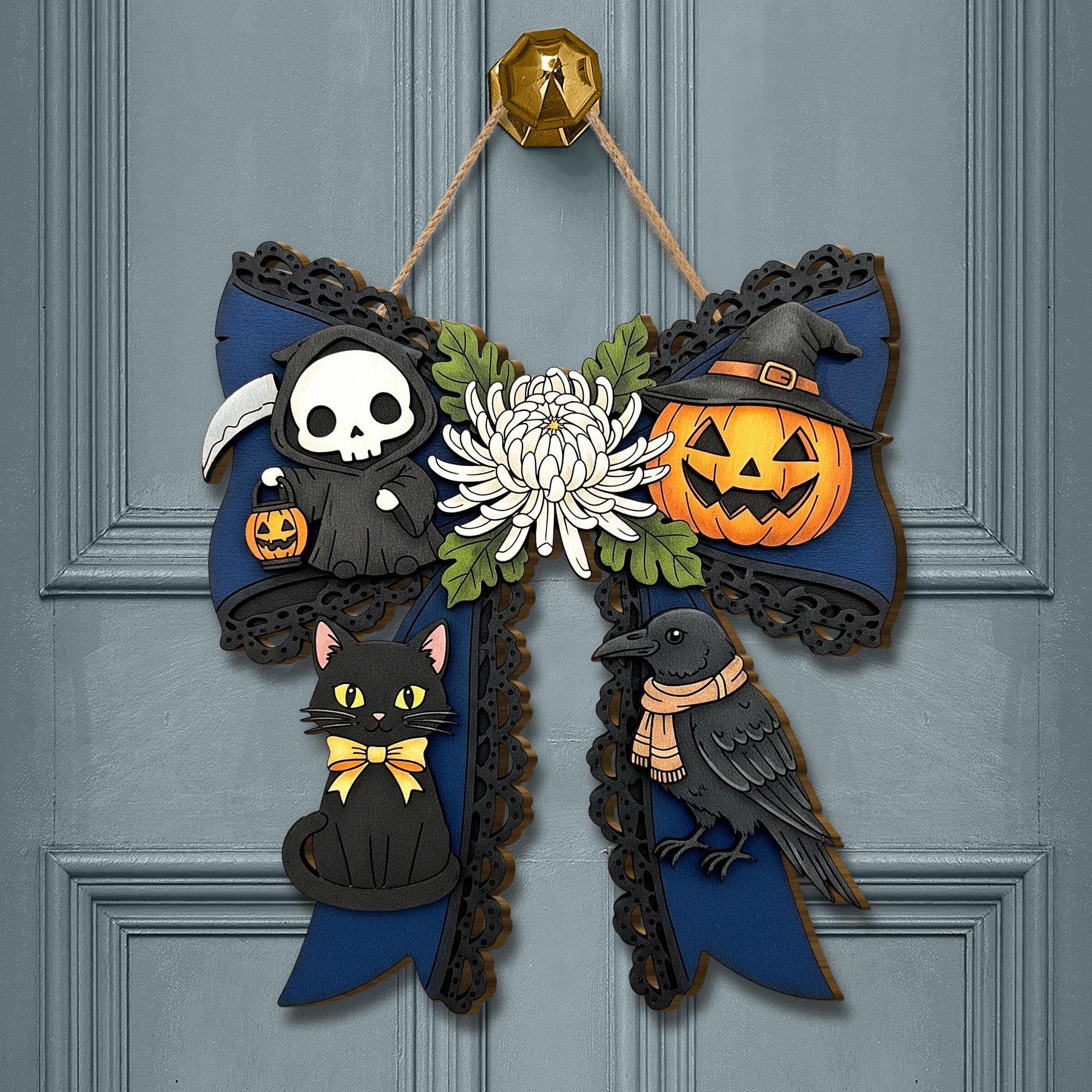Halloween Bow Wooden Door Sign with Cat, Crow & Pumpkin, Spooky Fall Porch Decor, Gothic Halloween Wall Hanging for Front Door