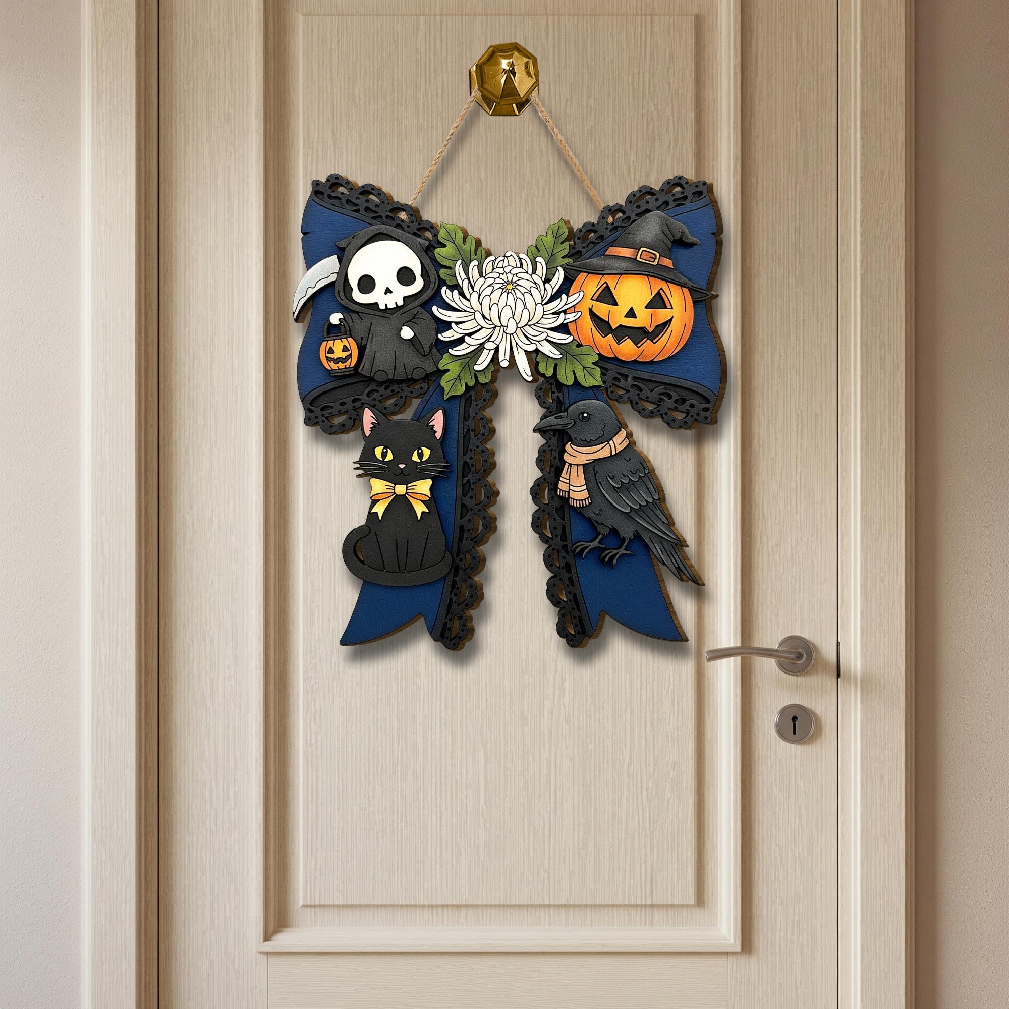 Halloween Bow Wooden Door Sign with Cat, Crow & Pumpkin, Spooky Fall Porch Decor, Gothic Halloween Wall Hanging for Front Door