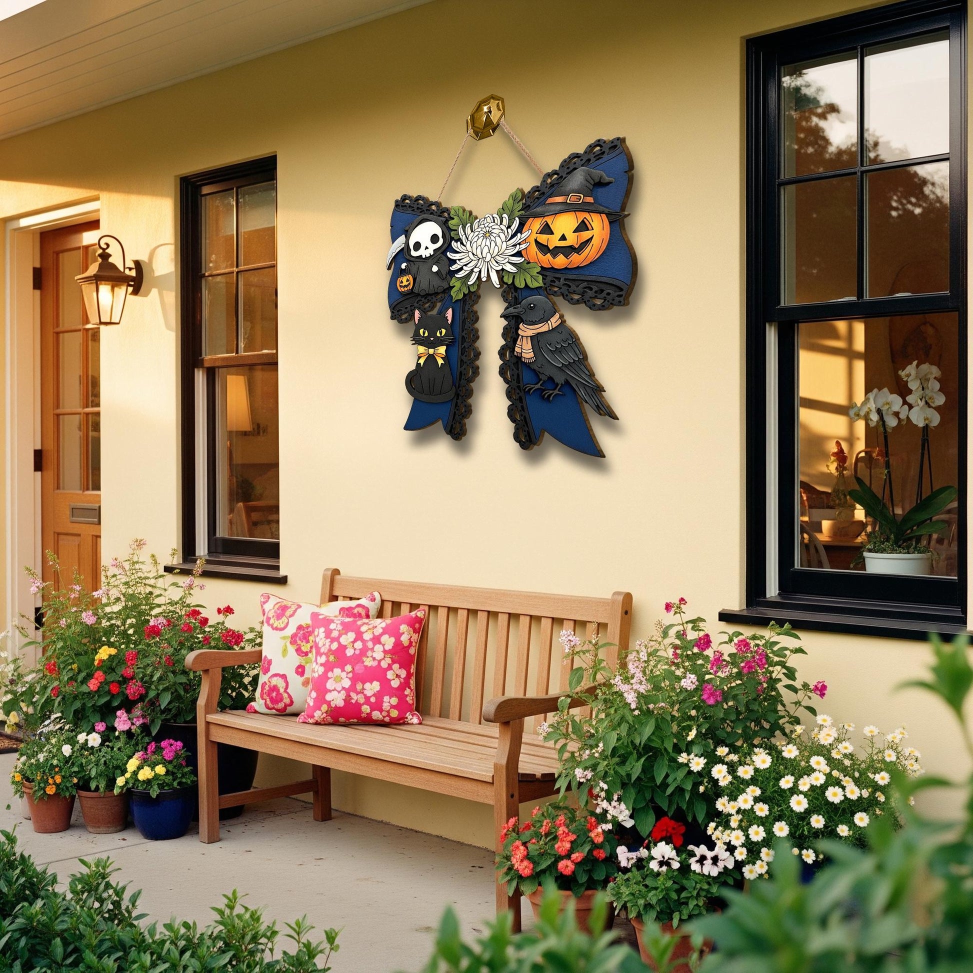 Halloween Bow Wooden Door Sign with Cat, Crow & Pumpkin, Spooky Fall Porch Decor, Gothic Halloween Wall Hanging for Front Door