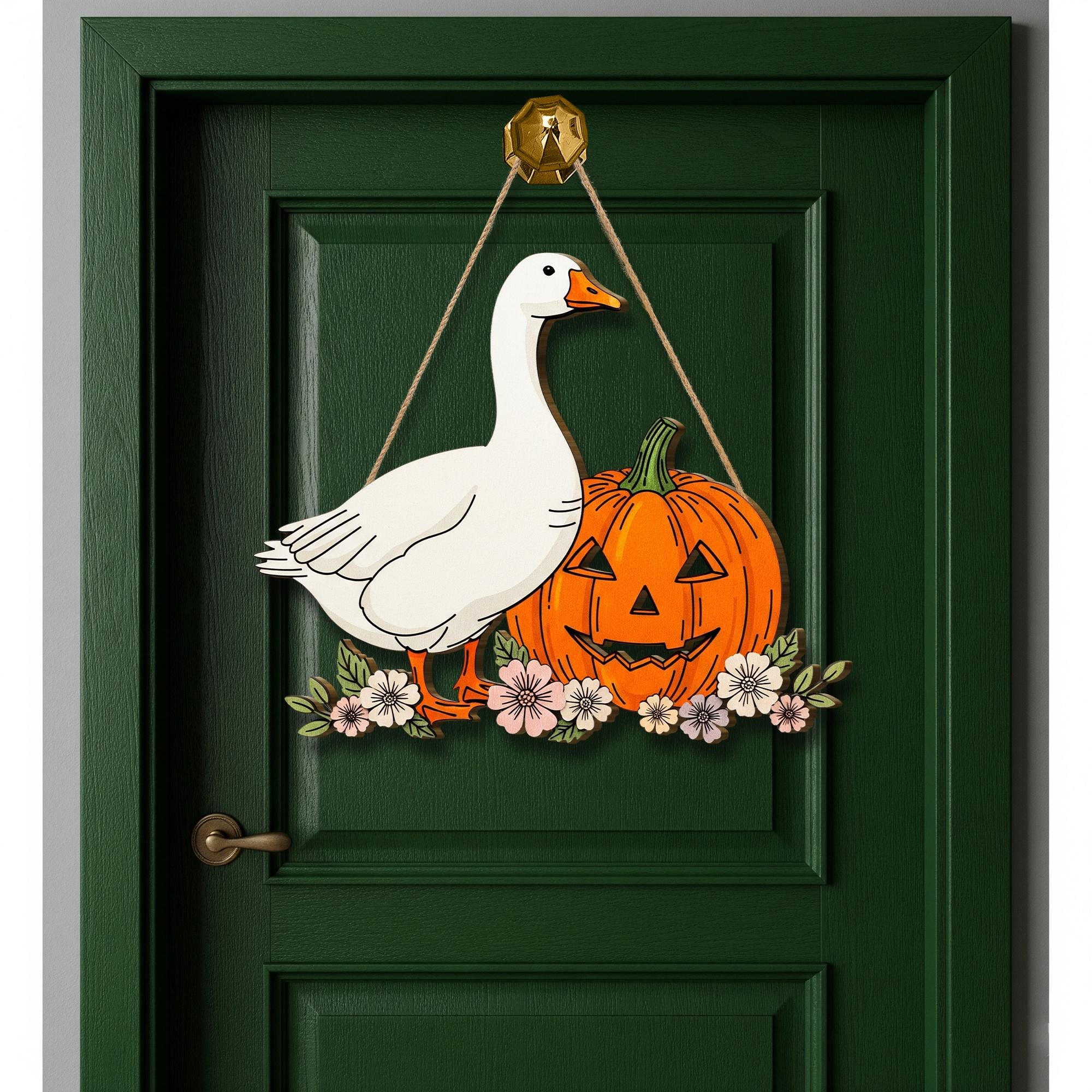 Fall Goose Pumpkin Door Sign, Wooden Halloween Porch Decor, Cute Farmhouse Autumn Wall Hanging, Rustic Jack O'Lantern Sign