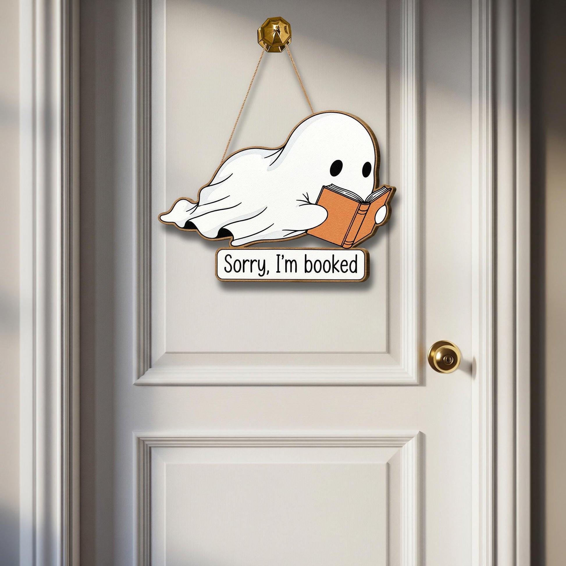 Sorry I’m Booked Ghost Wooden Sign, Halloween Book Lover Decor, Funny Spooky Reading Door Hanger, Bookish Fall Home Wall Art