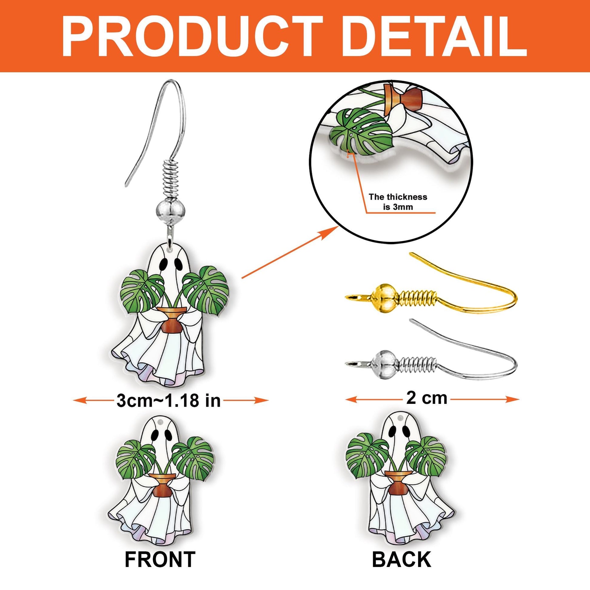 Ghost Plant Earrings Monstera Leaf Jewelry, Spooky Cute Halloween Earrings, Houseplant Ghost Dangle Earrings for Plant Lovers