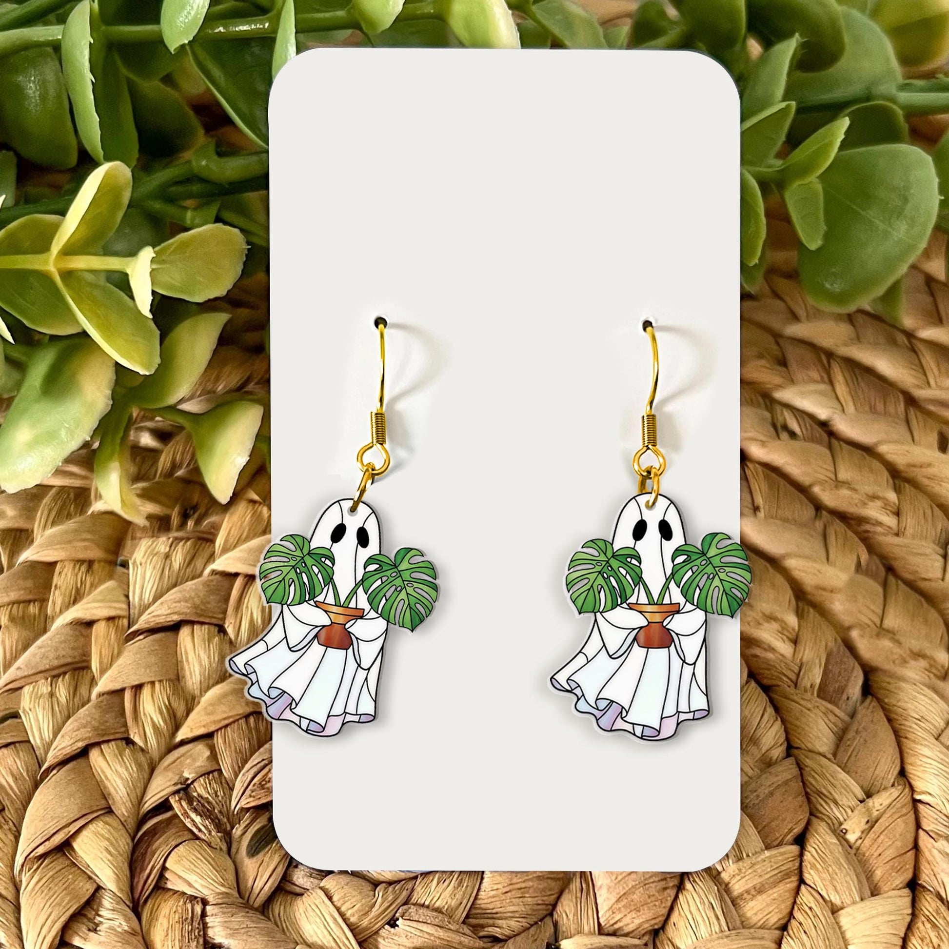 Ghost Plant Earrings Monstera Leaf Jewelry, Spooky Cute Halloween Earrings, Houseplant Ghost Dangle Earrings for Plant Lovers