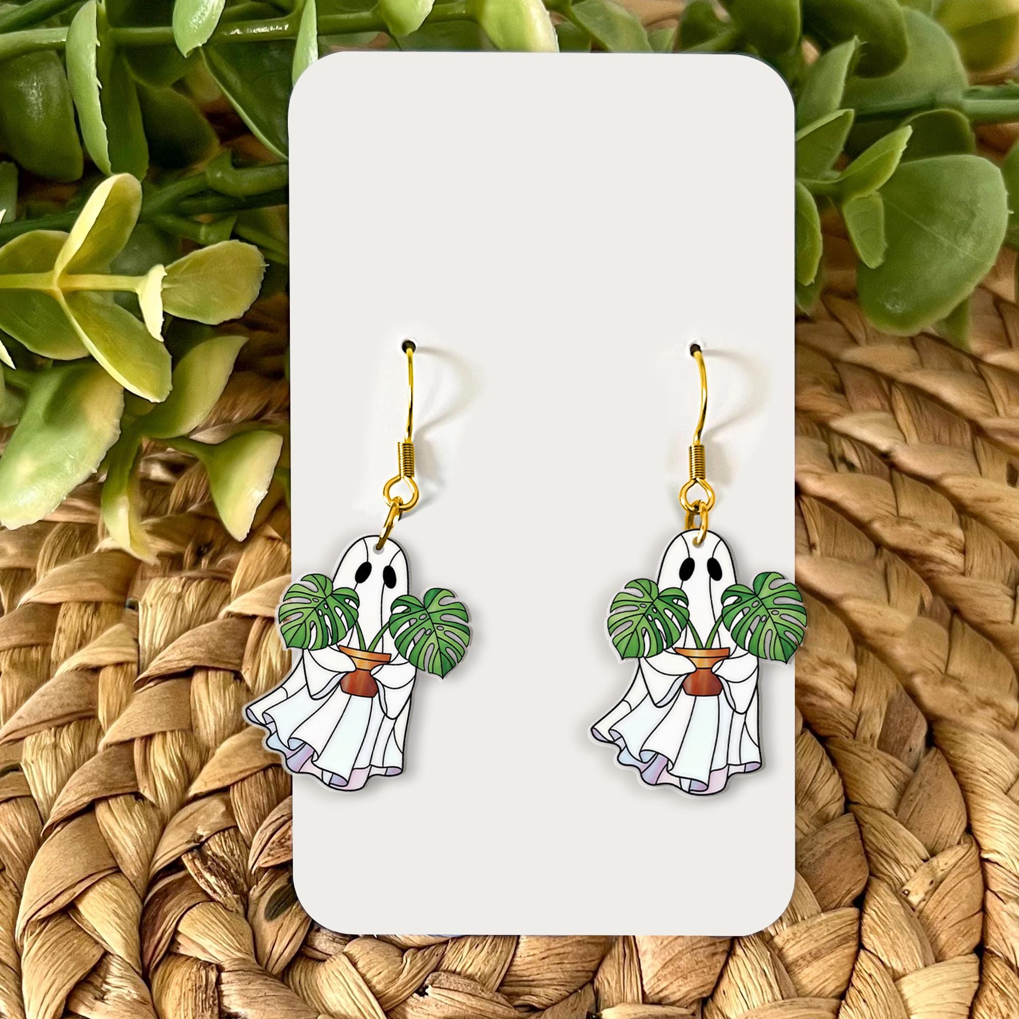 Ghost Plant Earrings Monstera Leaf Jewelry, Spooky Cute Halloween Earrings, Houseplant Ghost Dangle Earrings for Plant Lovers