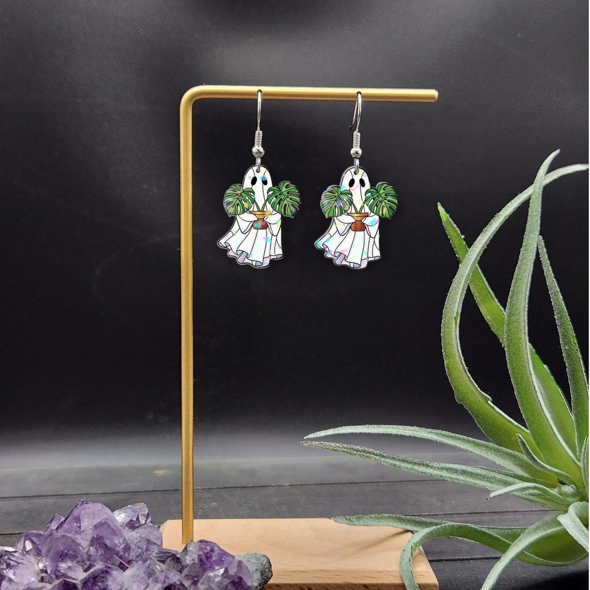 Ghost Plant Earrings Monstera Leaf Jewelry, Spooky Cute Halloween Earrings, Houseplant Ghost Dangle Earrings for Plant Lovers