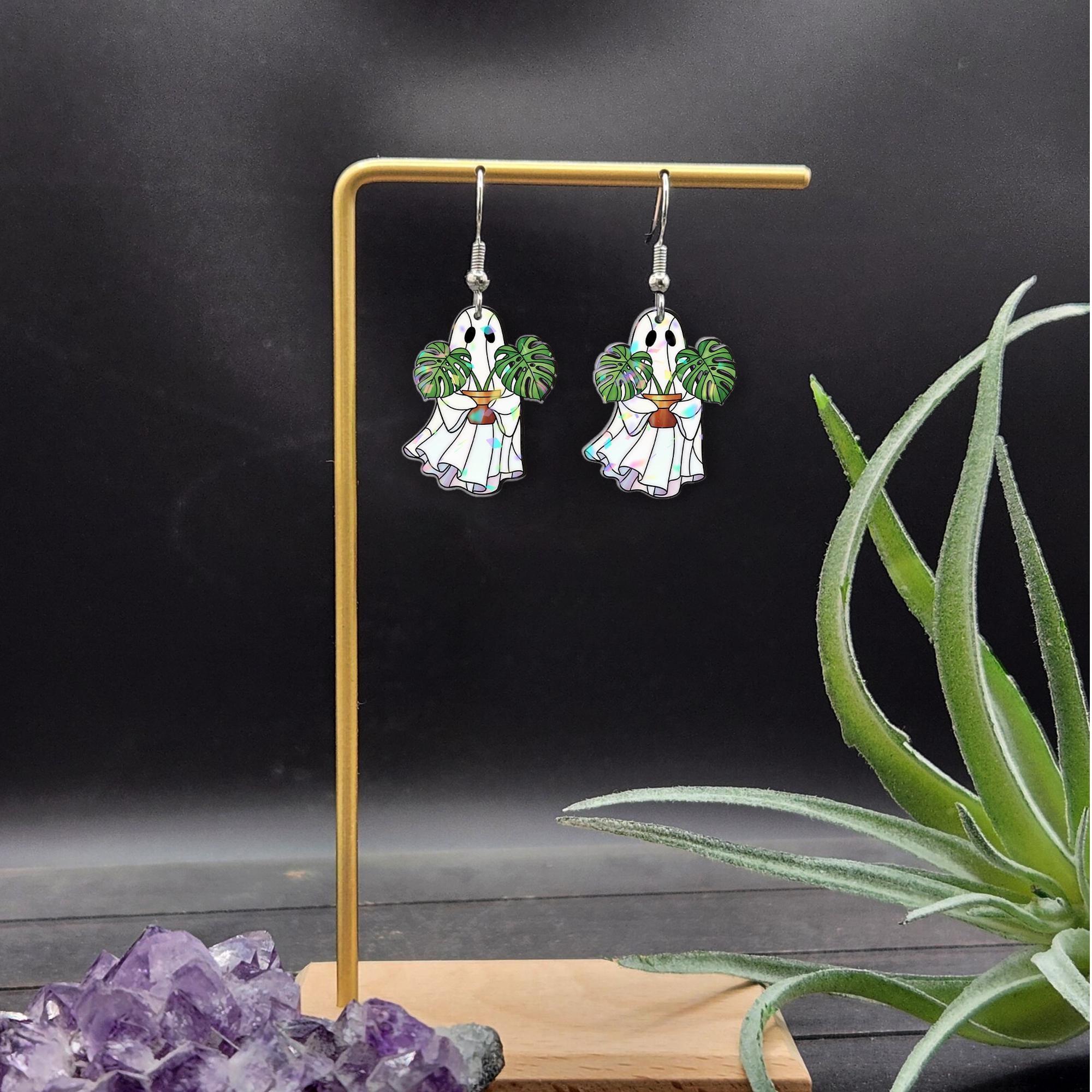 Ghost Plant Earrings Monstera Leaf Jewelry, Spooky Cute Halloween Earrings, Houseplant Ghost Dangle Earrings for Plant Lovers