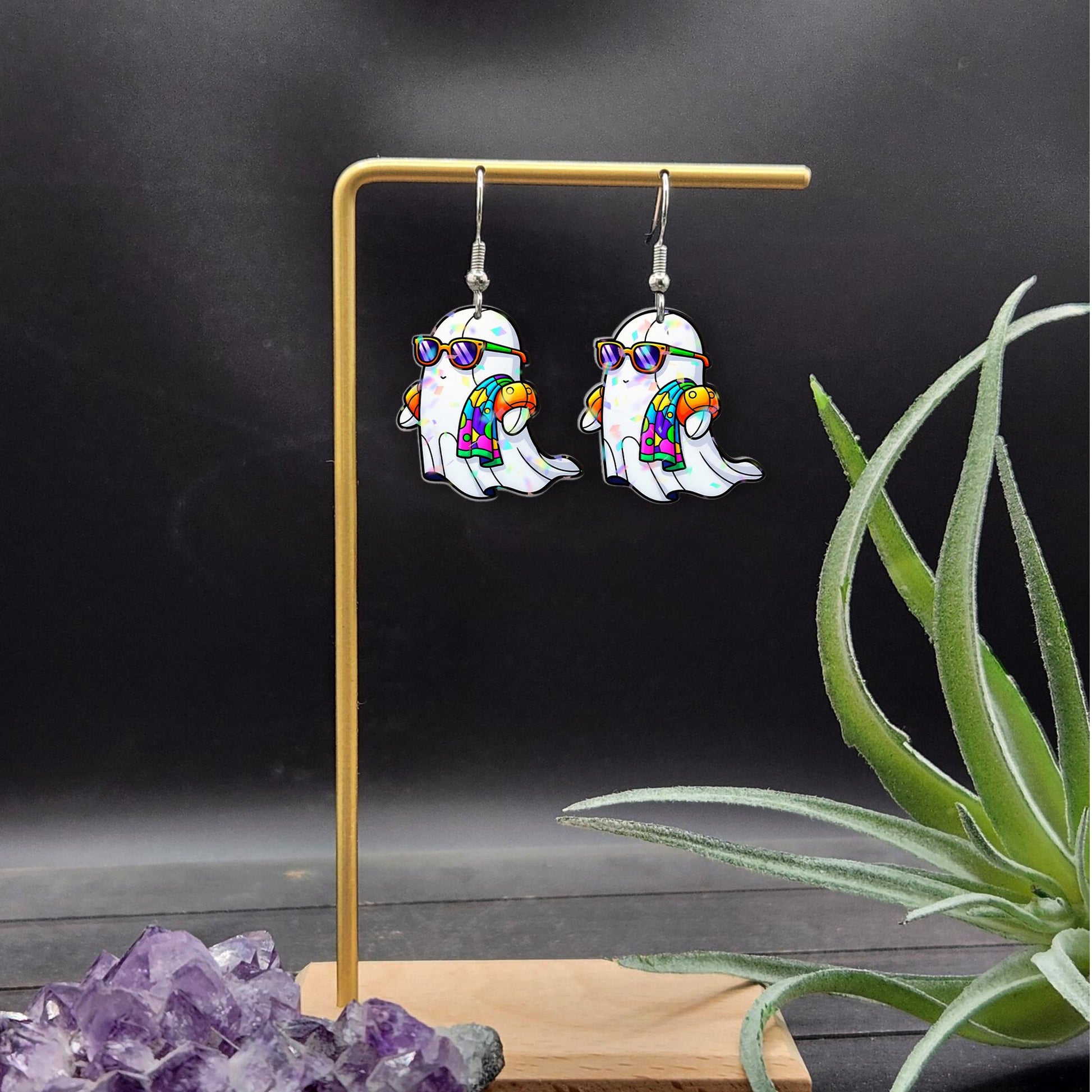 Beach Ghost Earrings, Summer Vacation Spooky Jewelry, Cute Ghost Dangle Earrings with Floaties, Funny Halloween Beach Accessories