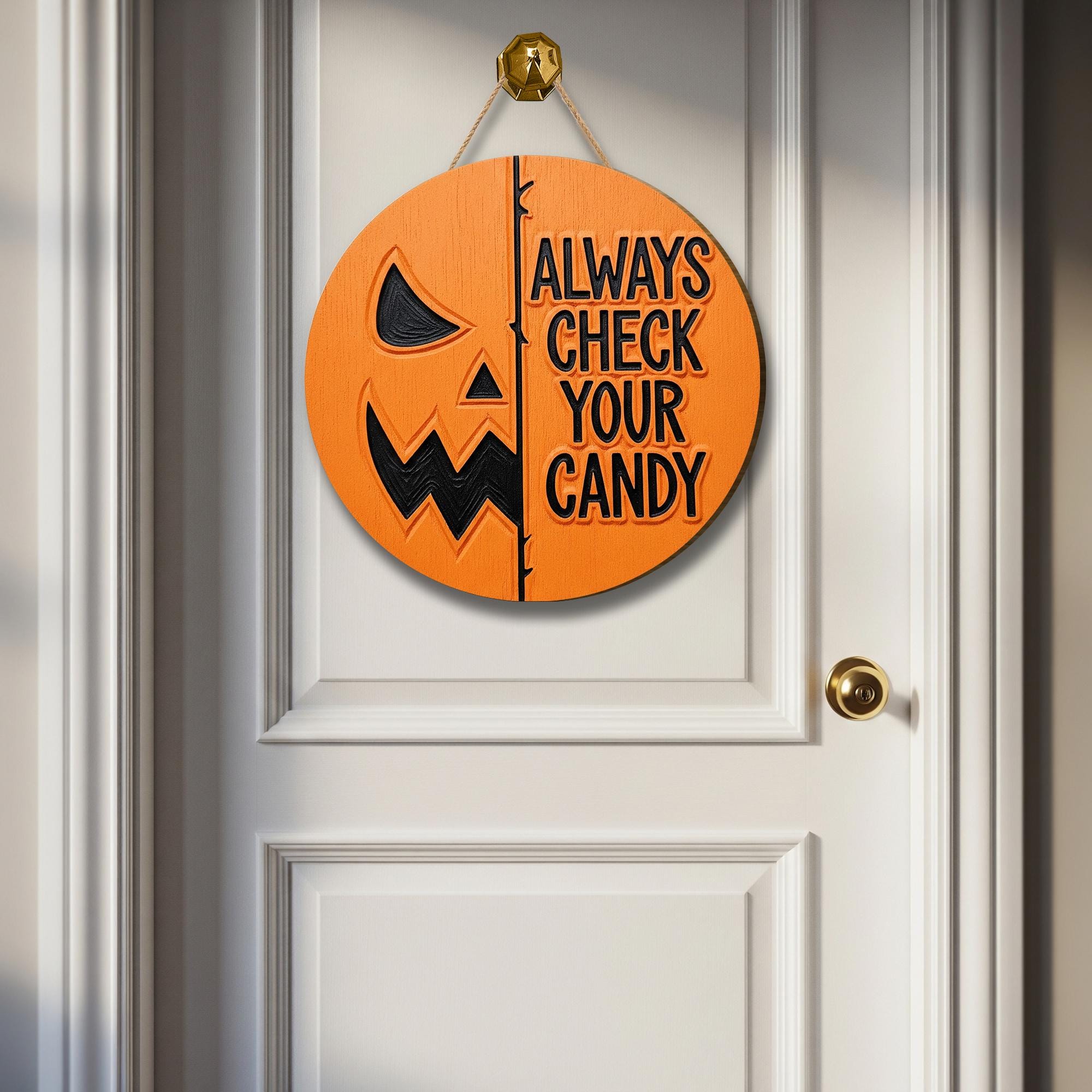 Always Check Your Candy Sign, Funny Halloween Door Hanger, Round Jack O' Lantern Decor, 3D Pumpkin Wood Sign, Spooky Trick or Treat Wall Art