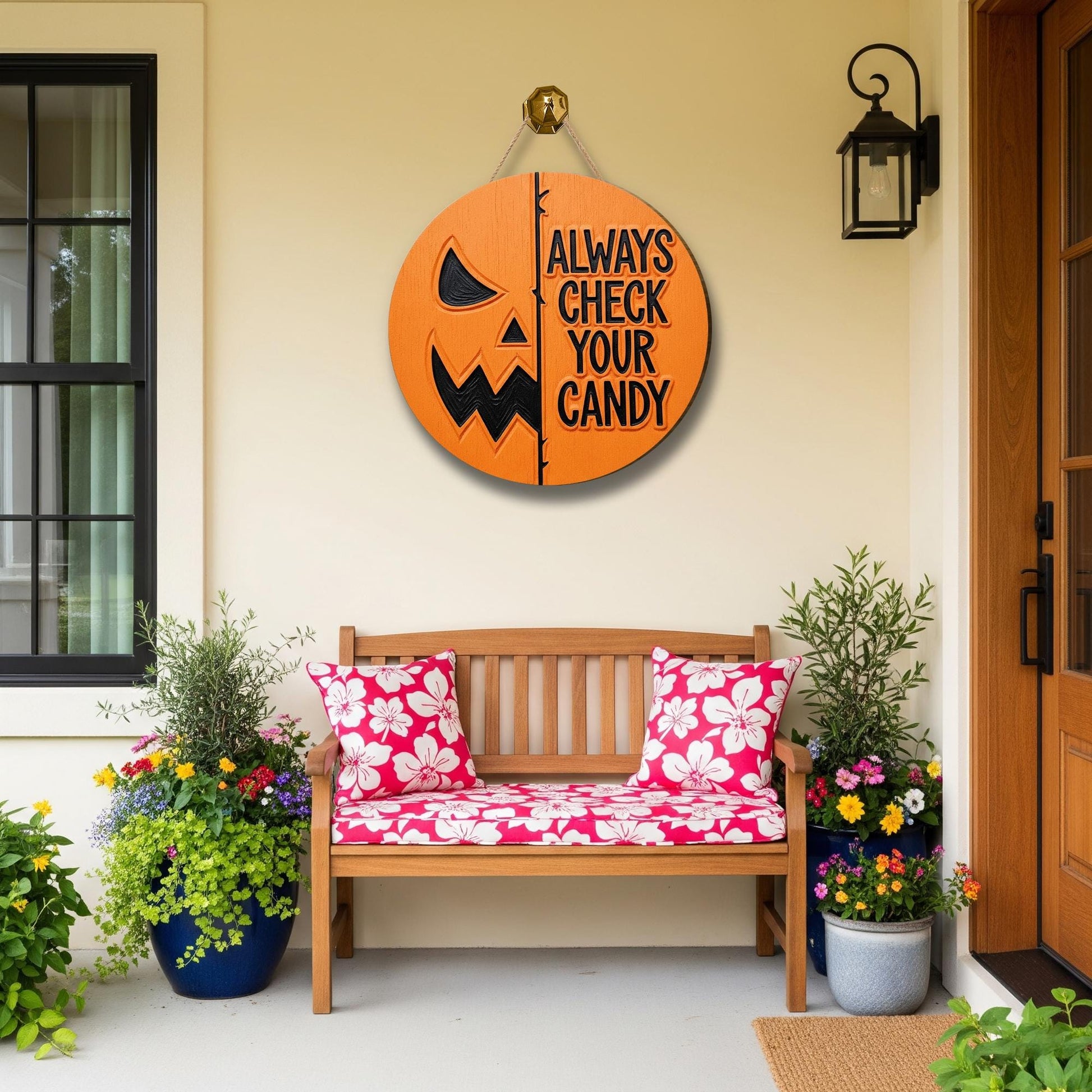 Always Check Your Candy Sign, Funny Halloween Door Hanger, Round Jack O' Lantern Decor, 3D Pumpkin Wood Sign, Spooky Trick or Treat Wall Art
