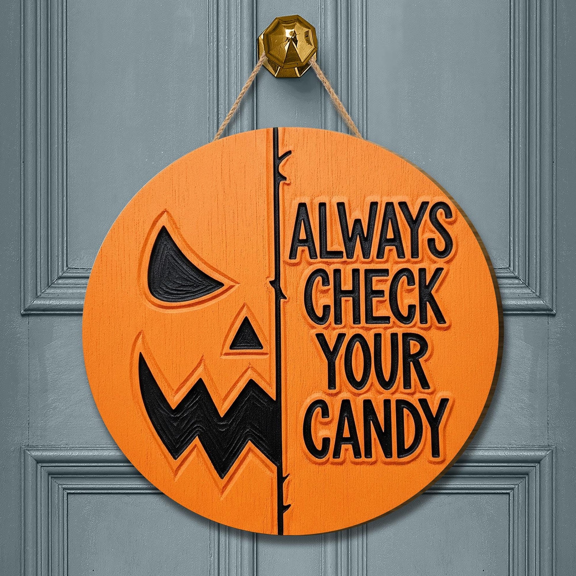 Always Check Your Candy Sign, Funny Halloween Door Hanger, Round Jack O' Lantern Decor, 3D Pumpkin Wood Sign, Spooky Trick or Treat Wall Art