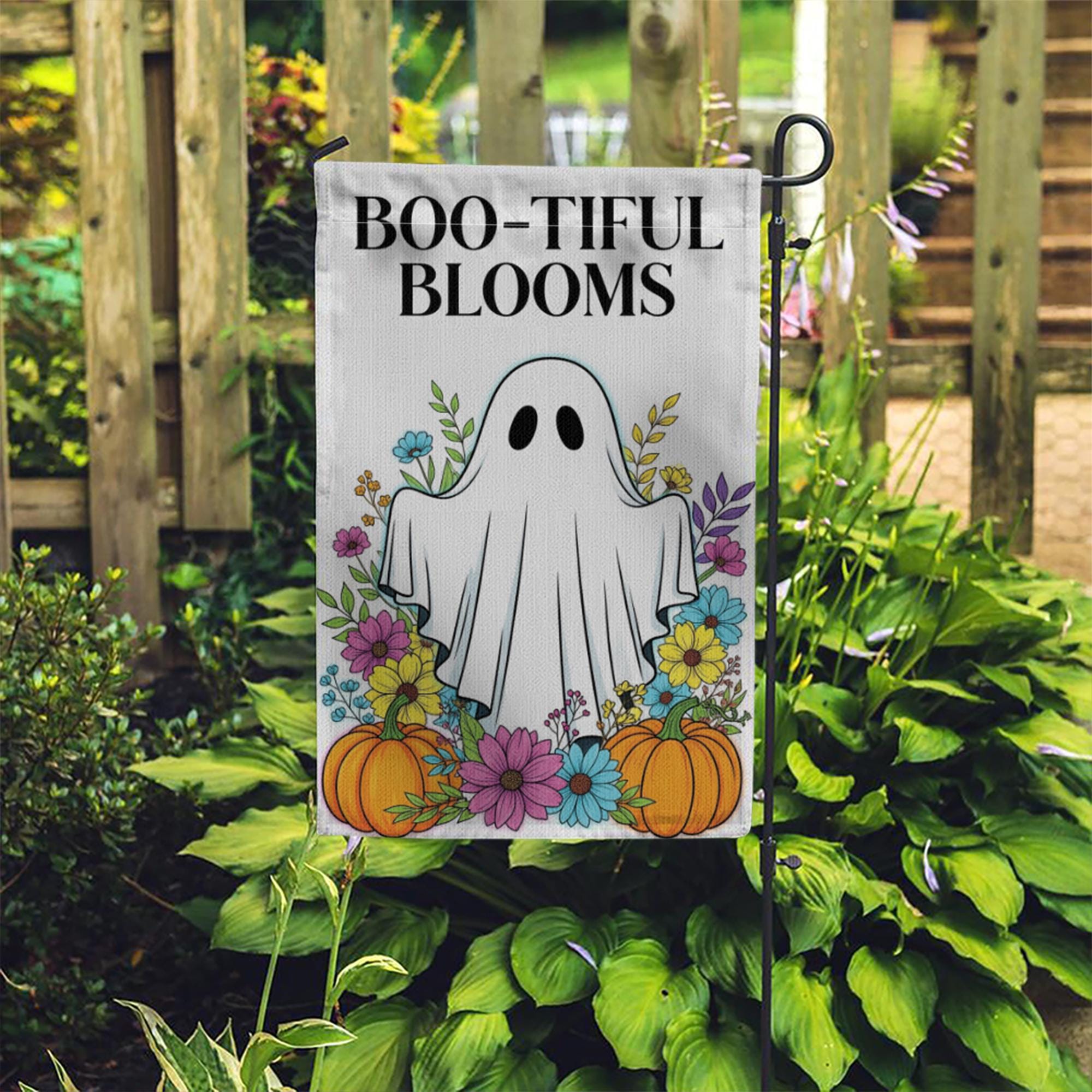 BOO-tiful Blooms Halloween Garden Flag, Cute Ghost Fall Yard Decor with Flowers and Pumpkins, Spooky Outdoor Seasonal Decoration