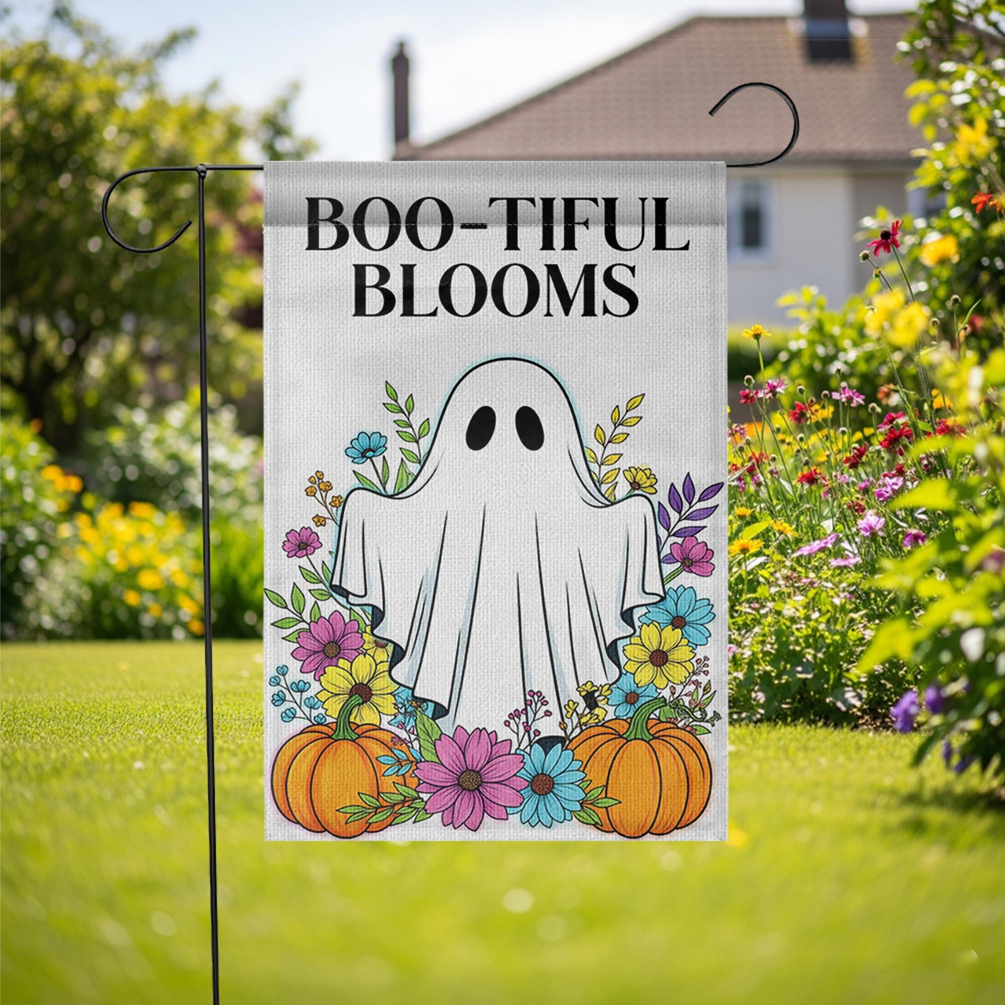 BOO-tiful Blooms Halloween Garden Flag, Cute Ghost Fall Yard Decor with Flowers and Pumpkins, Spooky Outdoor Seasonal Decoration