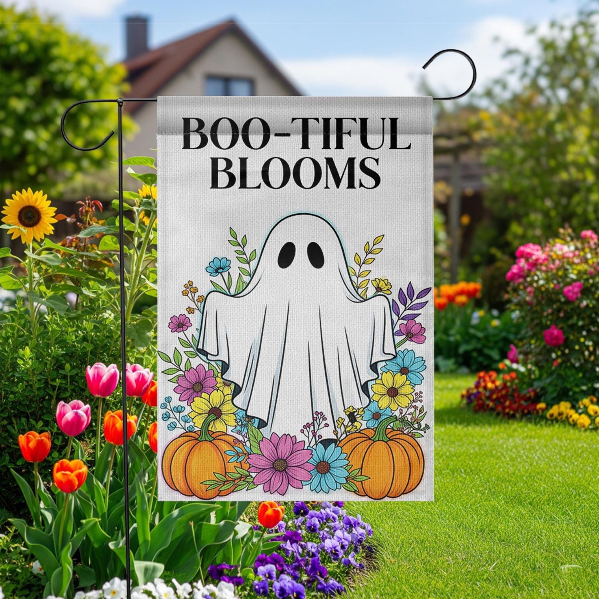 BOO-tiful Blooms Halloween Garden Flag, Cute Ghost Fall Yard Decor with Flowers and Pumpkins, Spooky Outdoor Seasonal Decoration