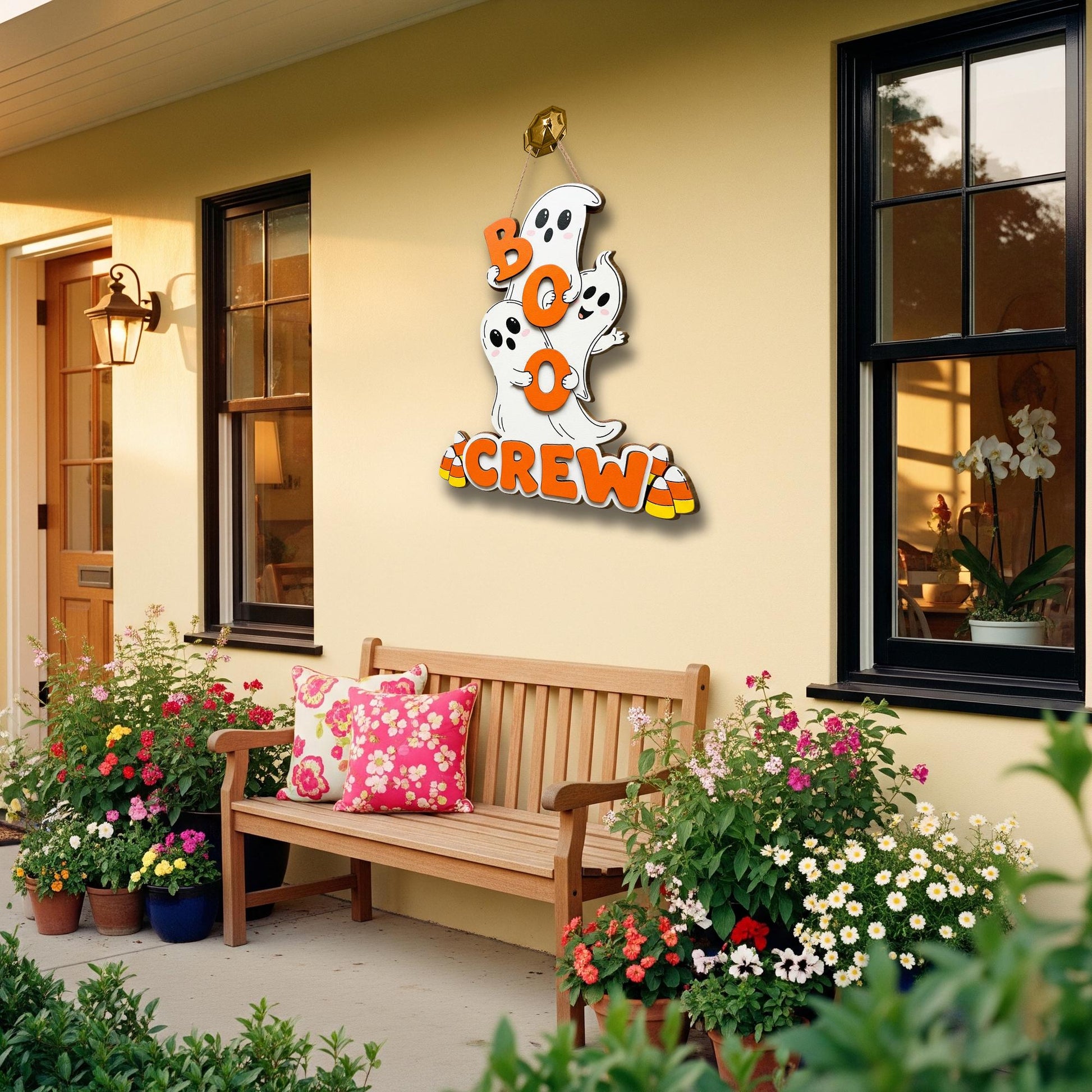 Boo Crew Sign, Cute Ghost Halloween Decor, Kids Front Door Hanger, 3D Halloween Welcome Sign, Candy Corn Ghost Door Wreath