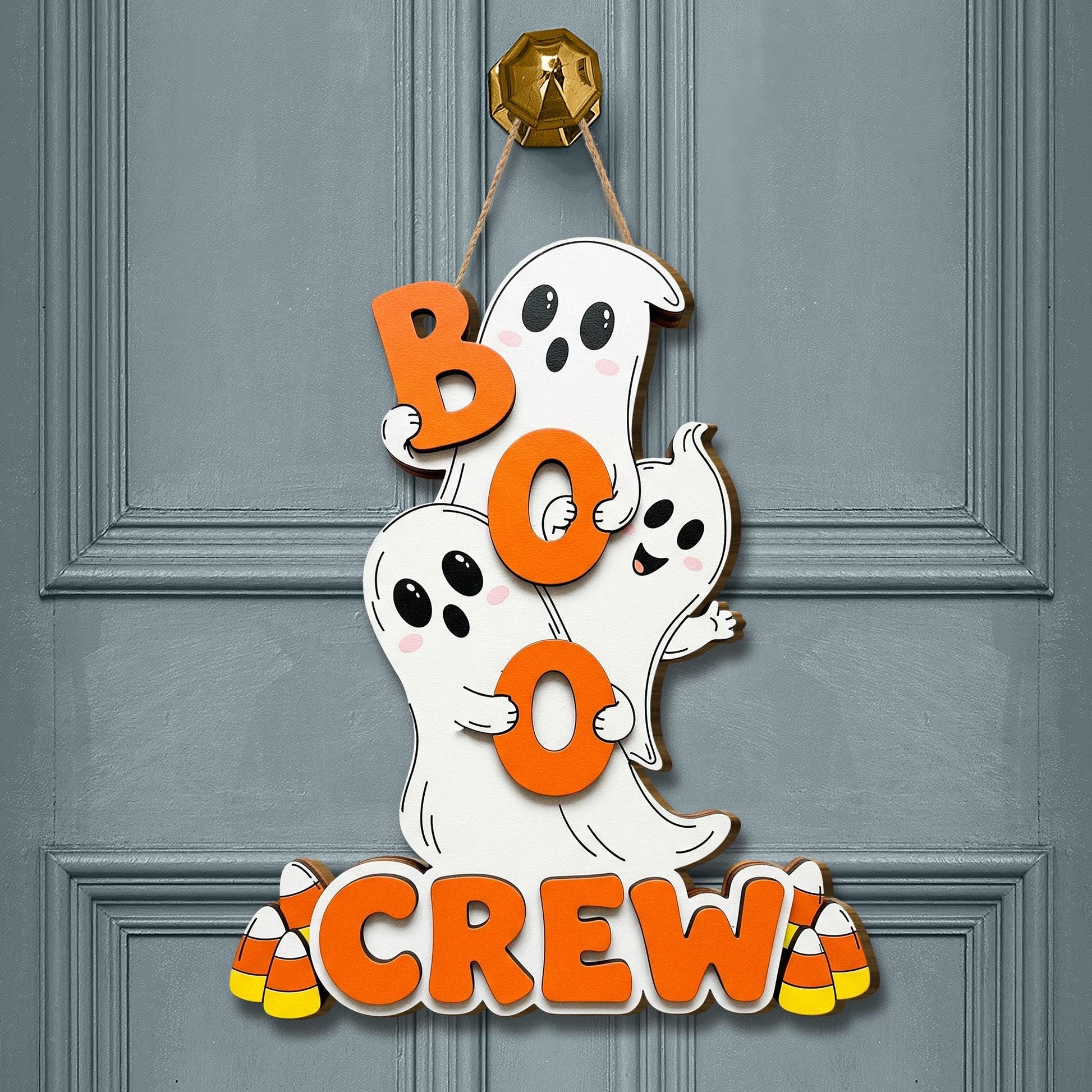 Boo Crew Sign, Cute Ghost Halloween Decor, Kids Front Door Hanger, 3D Halloween Welcome Sign, Candy Corn Ghost Door Wreath