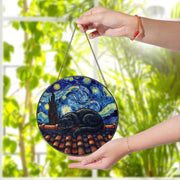 Starry Night Cat Suncatcher Faux Glass Art, Black Cat Window Hanging, Celestial Rooftop Decor, Gift for Cat Lovers and Art Fans