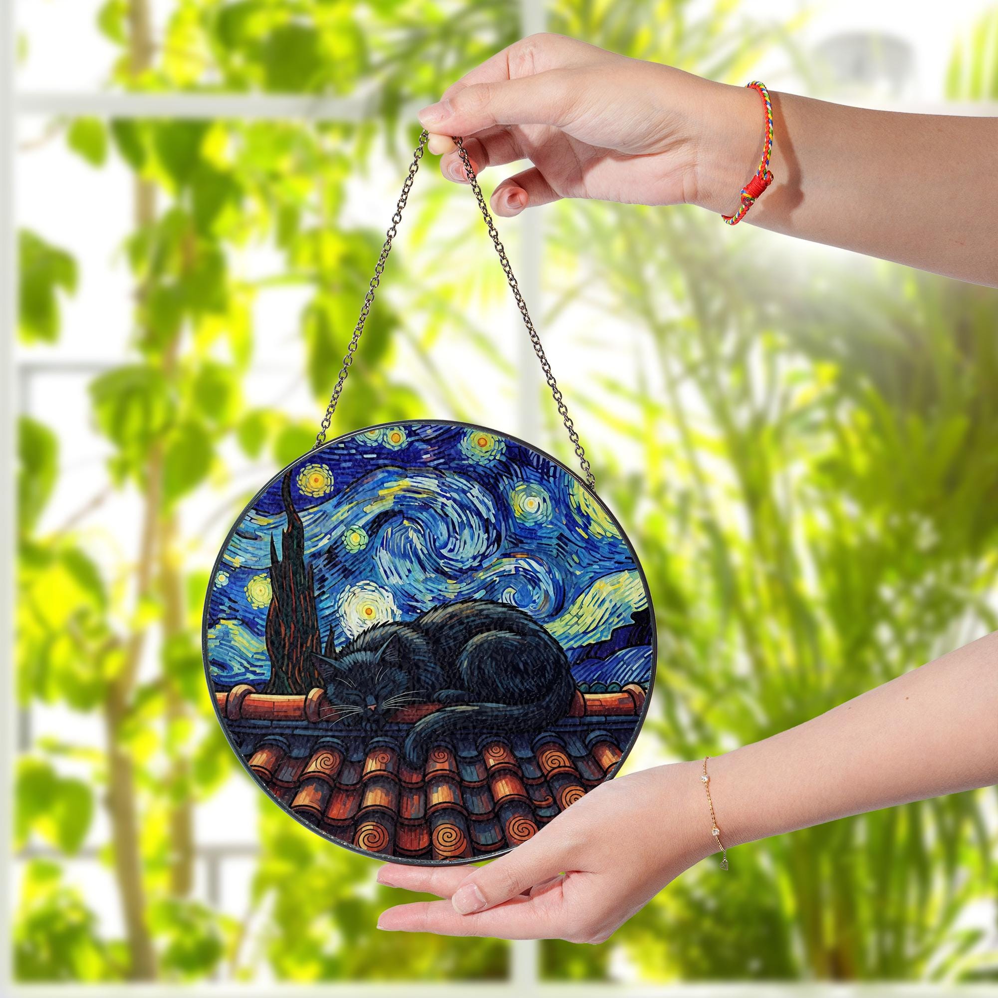 Starry Night Cat Suncatcher Faux Glass Art, Black Cat Window Hanging, Celestial Rooftop Decor, Gift for Cat Lovers and Art Fans