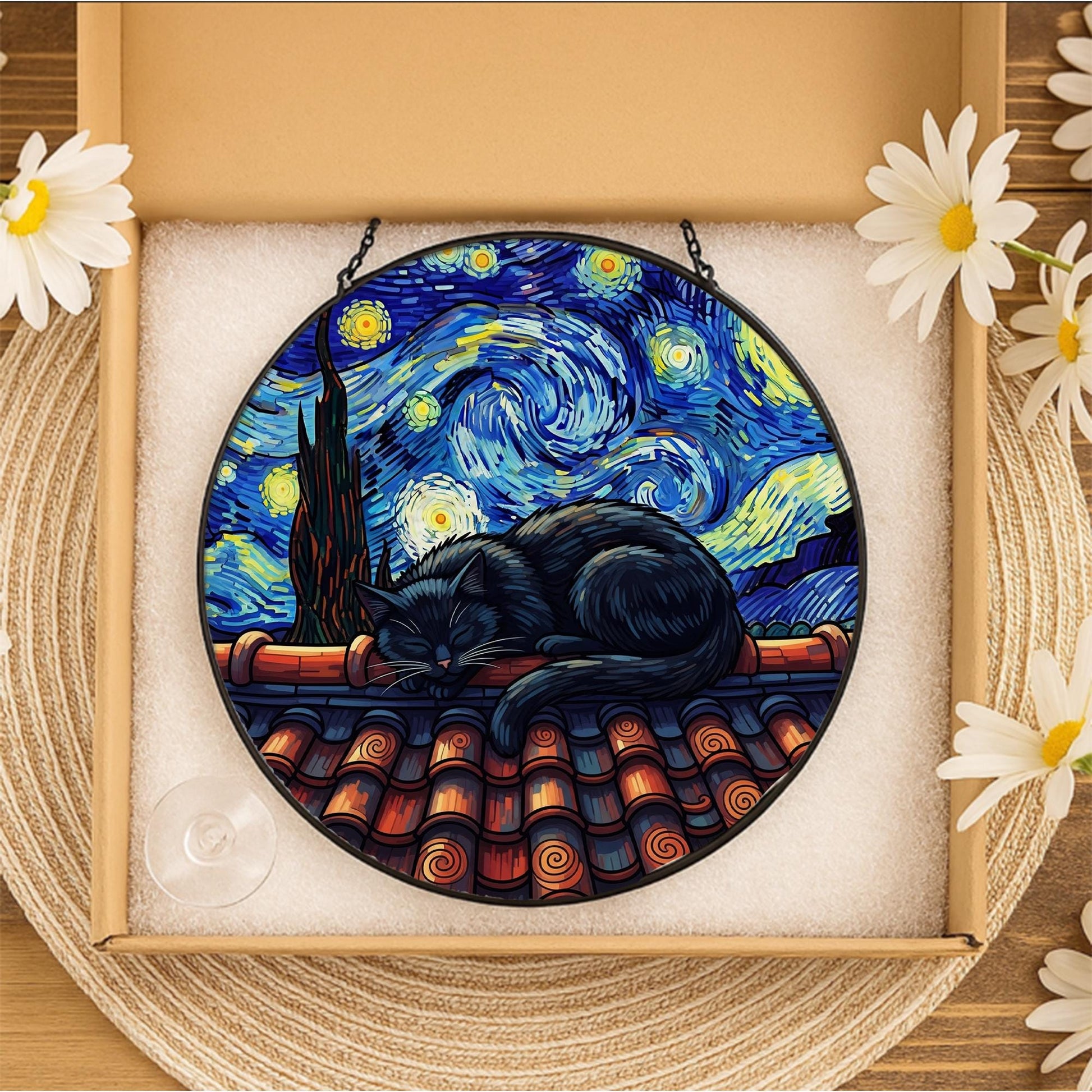 Starry Night Cat Suncatcher Faux Glass Art, Black Cat Window Hanging, Celestial Rooftop Decor, Gift for Cat Lovers and Art Fans