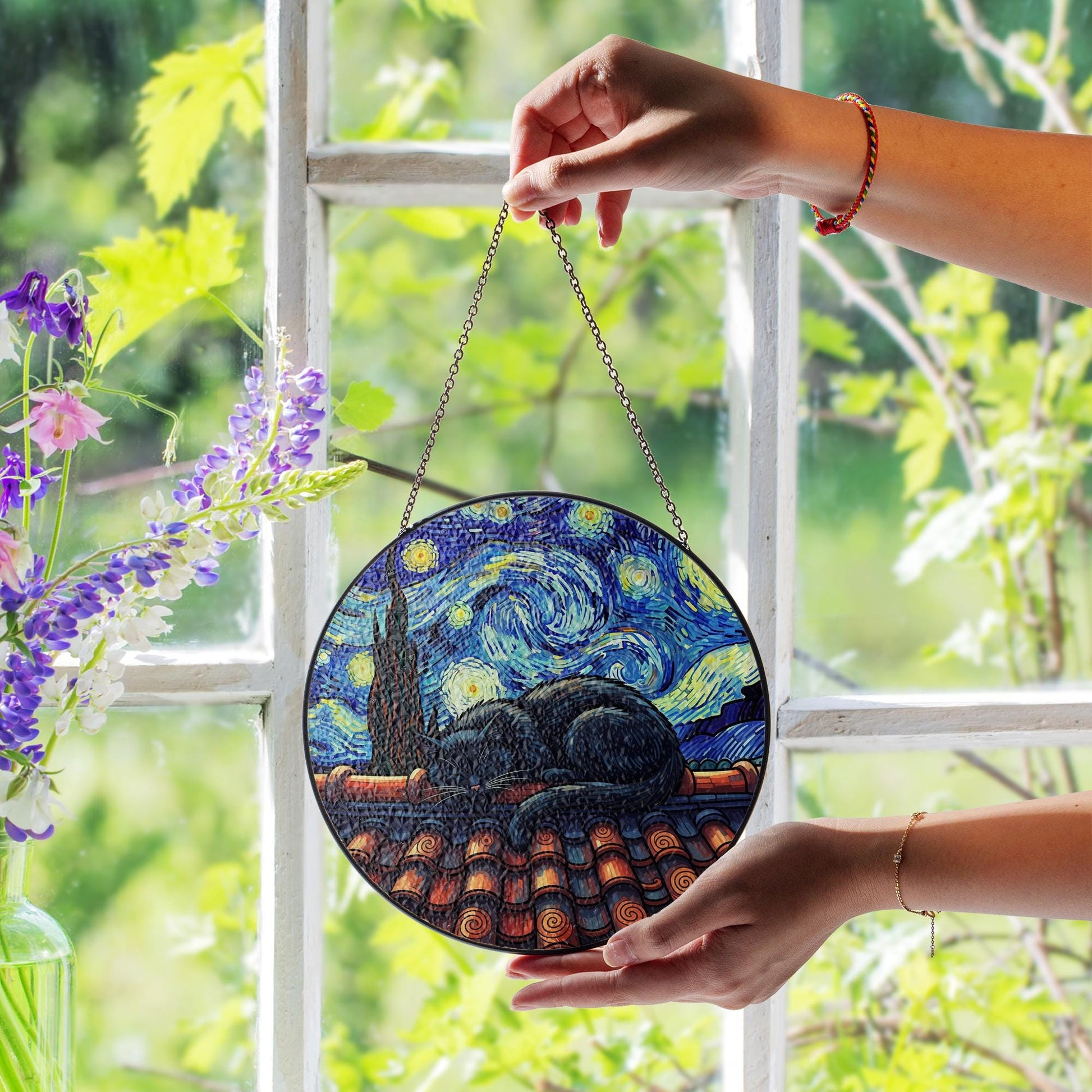 Starry Night Cat Suncatcher Faux Glass Art, Black Cat Window Hanging, Celestial Rooftop Decor, Gift for Cat Lovers and Art Fans