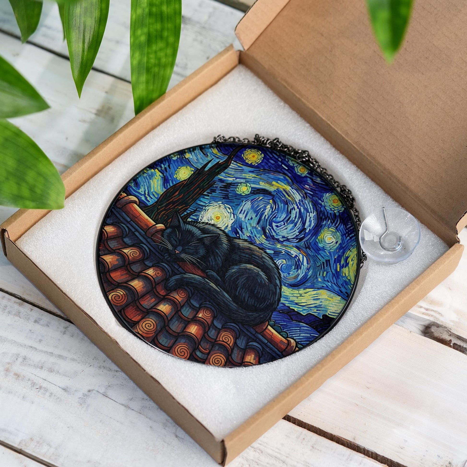 Starry Night Cat Suncatcher Faux Glass Art, Black Cat Window Hanging, Celestial Rooftop Decor, Gift for Cat Lovers and Art Fans