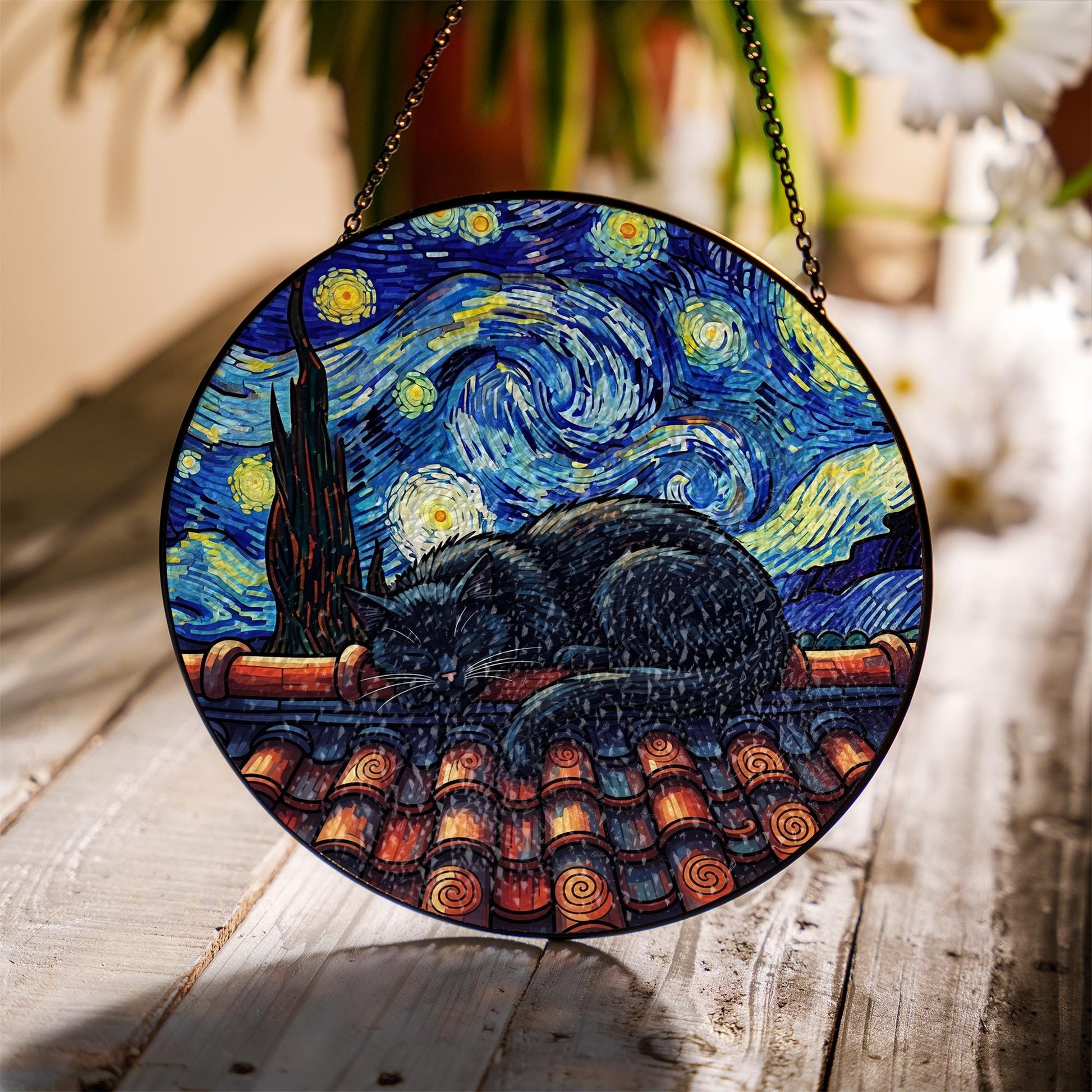 Starry Night Cat Suncatcher Faux Glass Art, Black Cat Window Hanging, Celestial Rooftop Decor, Gift for Cat Lovers and Art Fans