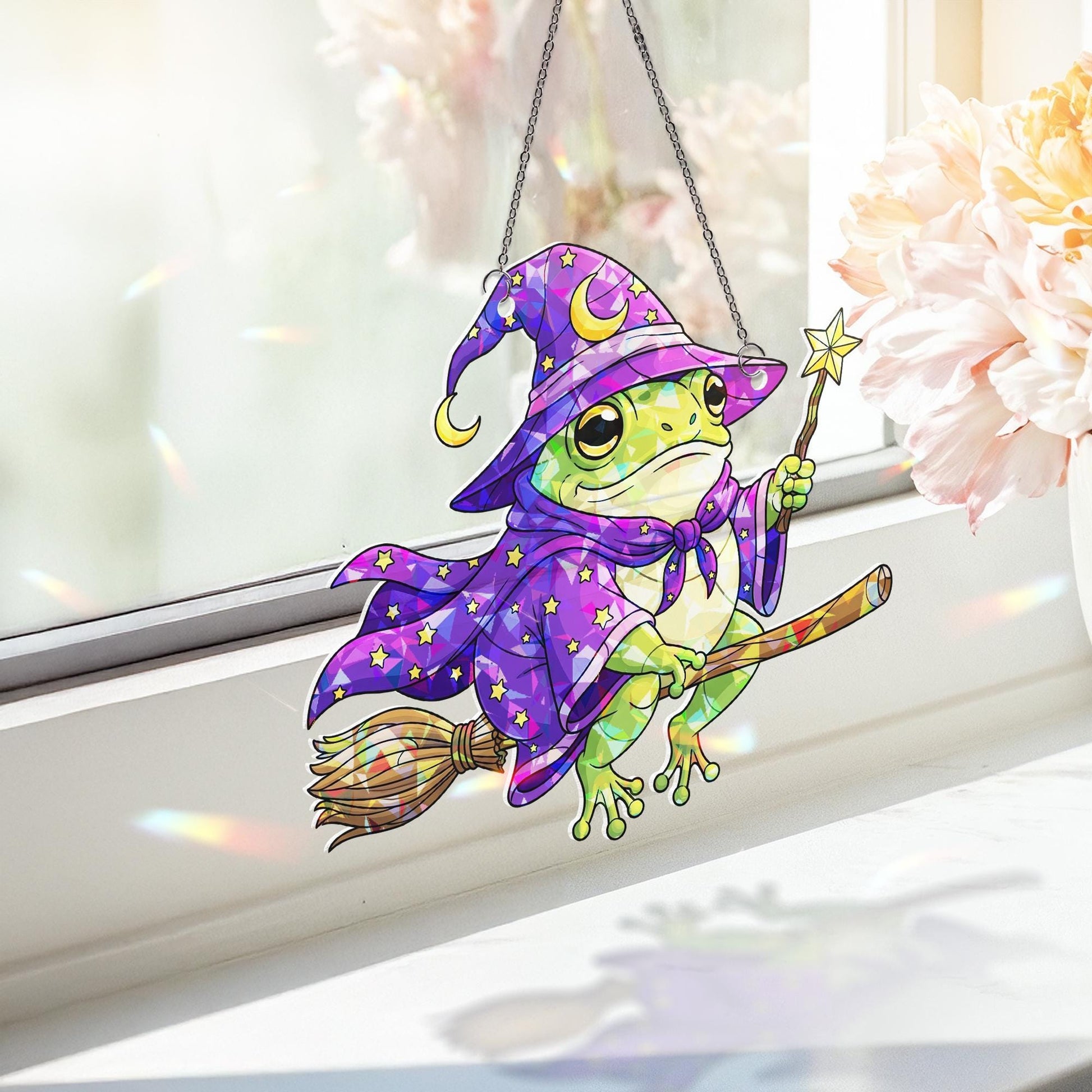 Witch Frog Suncatcher, Stained Glass Effect Wizard Toad Window Hanging, Whimsical Magic Animal Art, Halloween Car Charm Gift