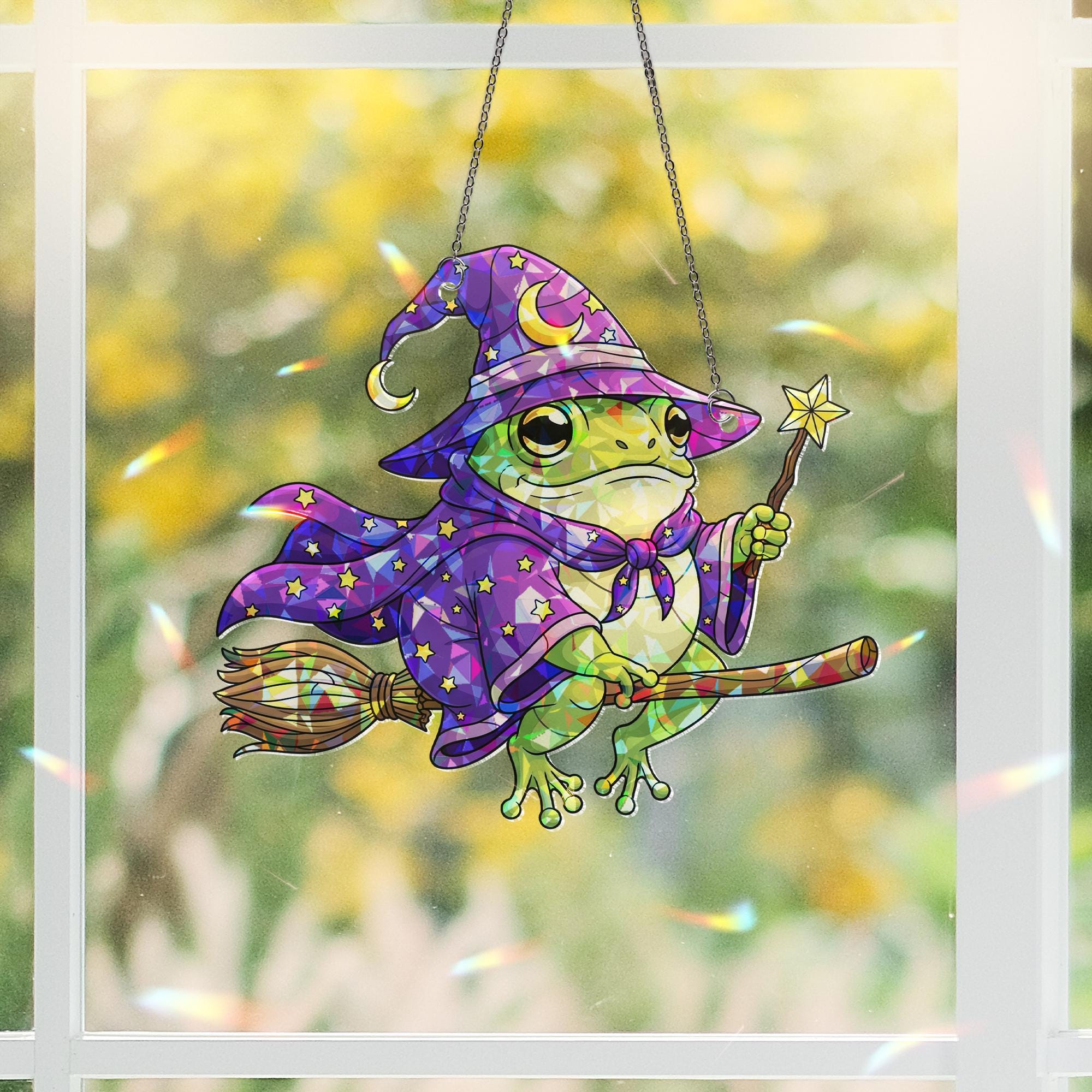 Witch Frog Suncatcher, Stained Glass Effect Wizard Toad Window Hanging, Whimsical Magic Animal Art, Halloween Car Charm Gift