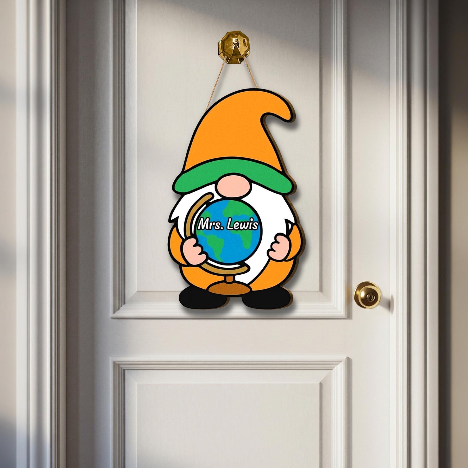 Teacher Gnome Door Hanger, Custom Classroom Sign, World Globe Teacher Decor, Personalized Back to School Door Sign