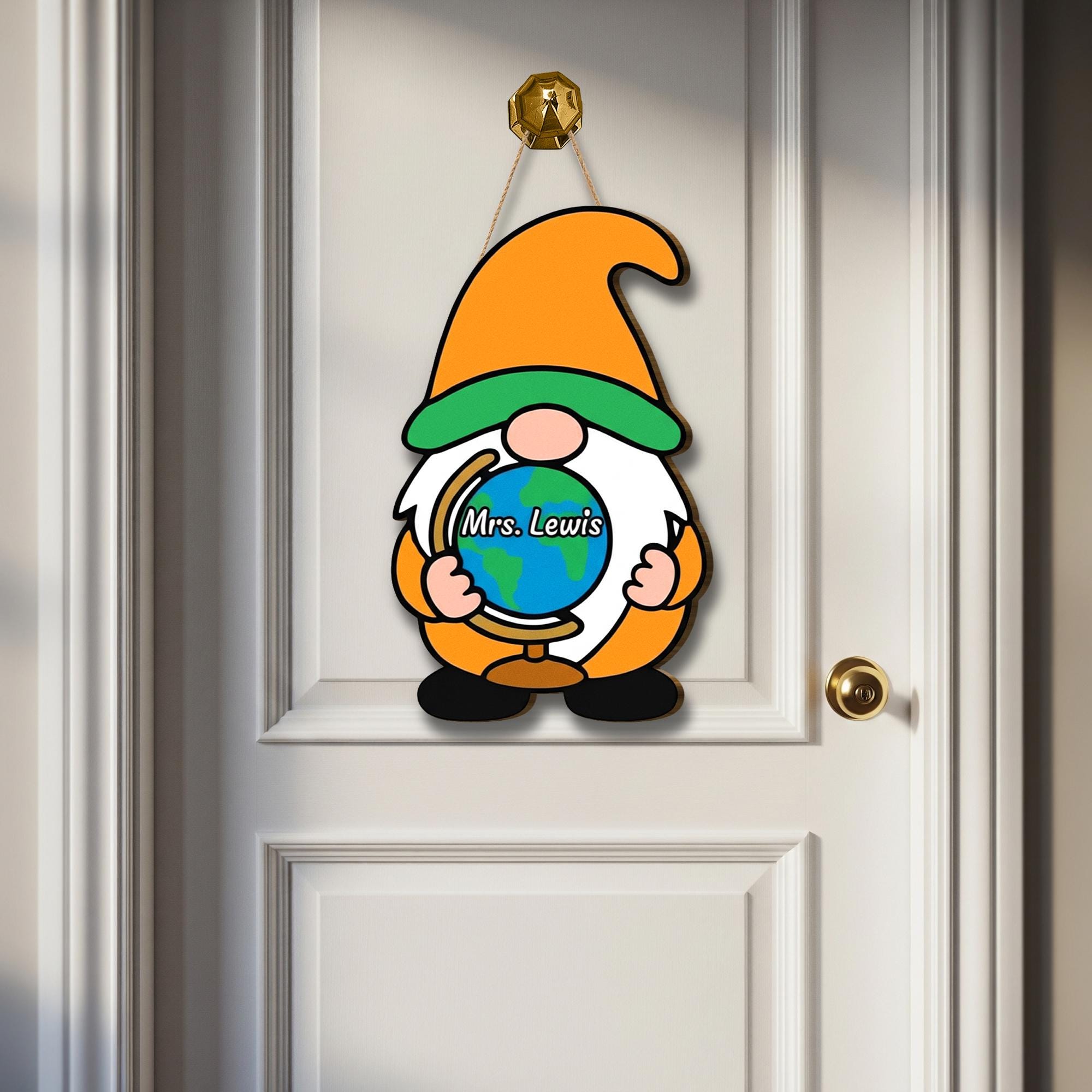 Teacher Gnome Door Hanger, Custom Classroom Sign, World Globe Teacher Decor, Personalized Back to School Door Sign