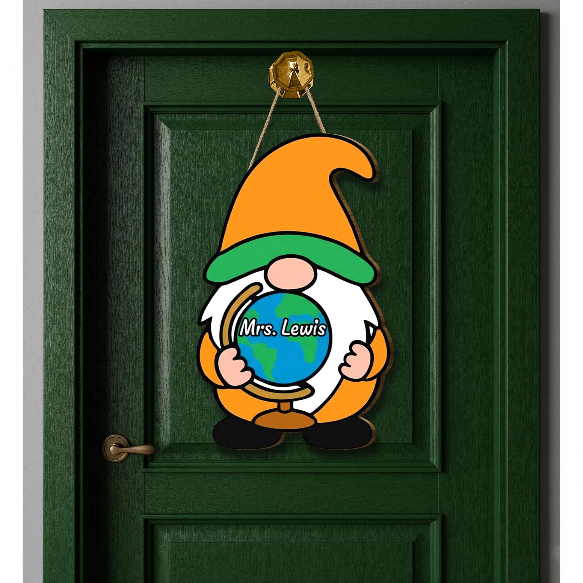 Teacher Gnome Door Hanger, Custom Classroom Sign, World Globe Teacher Decor, Personalized Back to School Door Sign