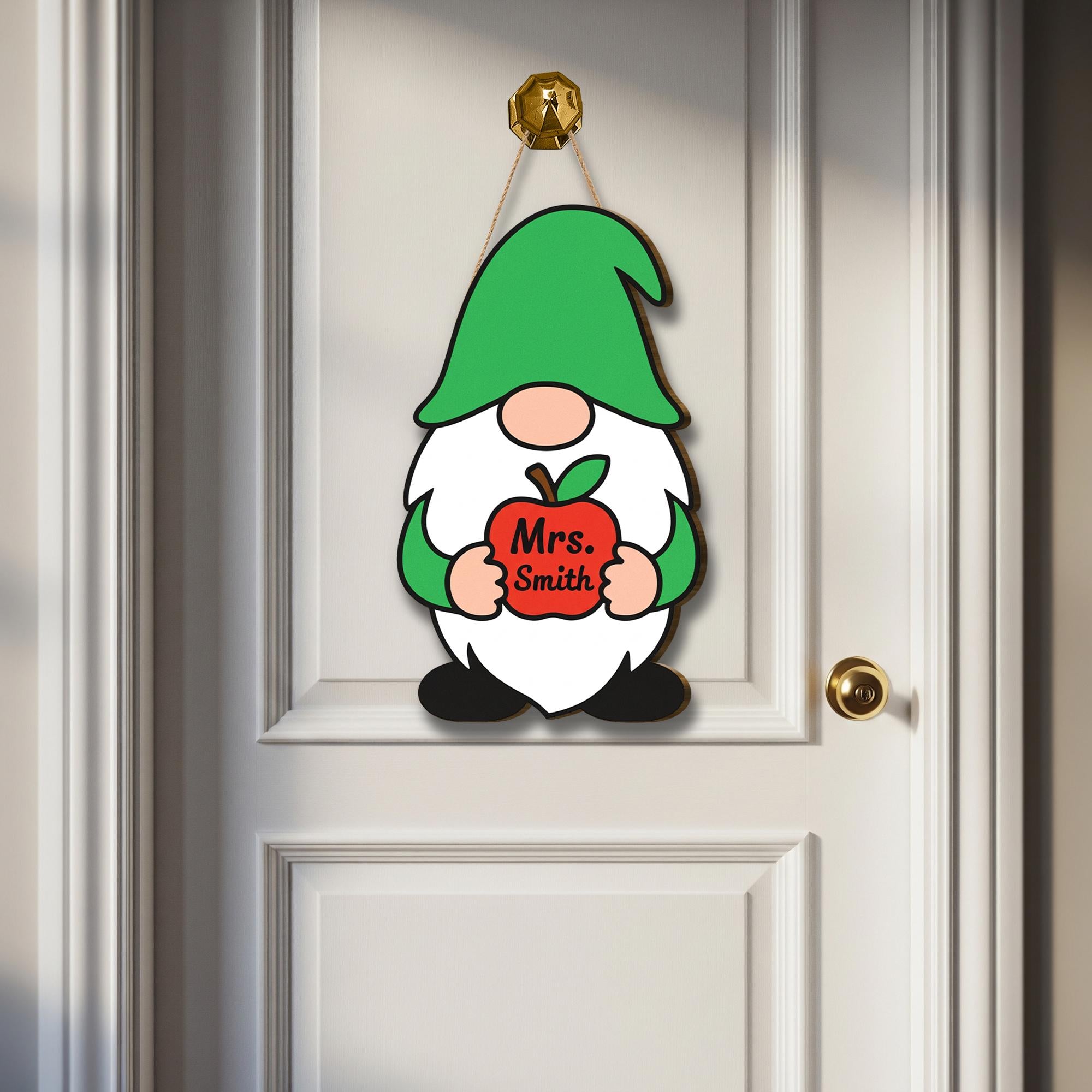 Teacher Gnome Door Hanger, Apple Classroom Decor, Personalized Name Sign, Custom Teacher Gift, Back to School Door Sign