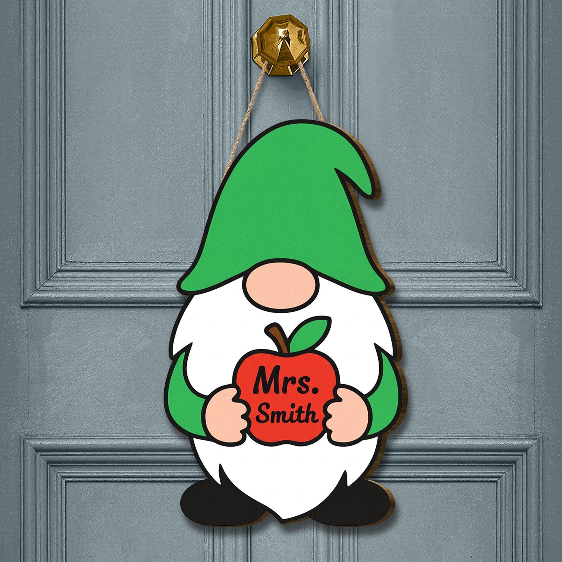 Teacher Gnome Door Hanger, Apple Classroom Decor, Personalized Name Sign, Custom Teacher Gift, Back to School Door Sign