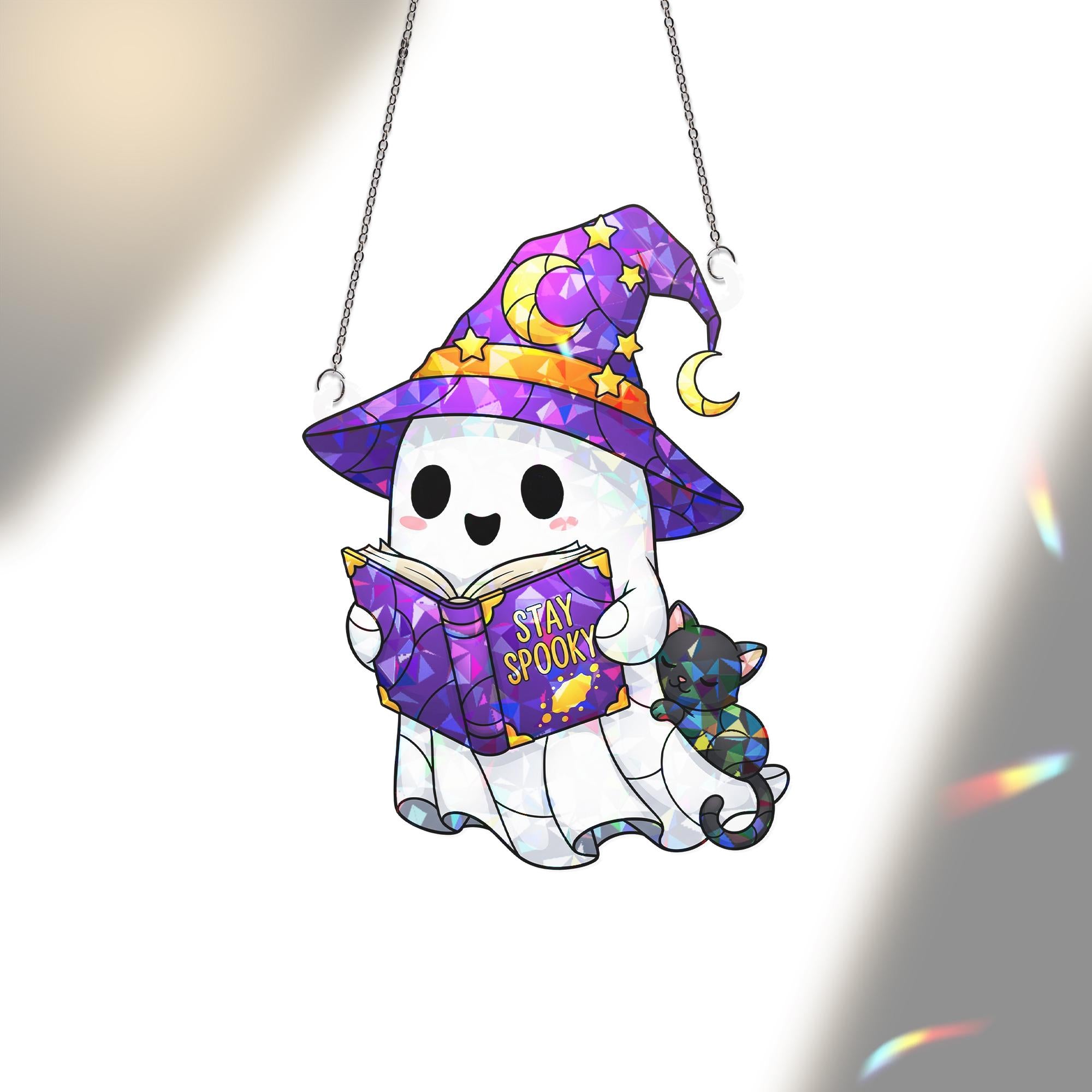 Cute Ghost Suncatcher, Stay Spooky Stained Glass Ghost and Cat, Witchy Book Lover Window Hanging, Kawaii Halloween Decor