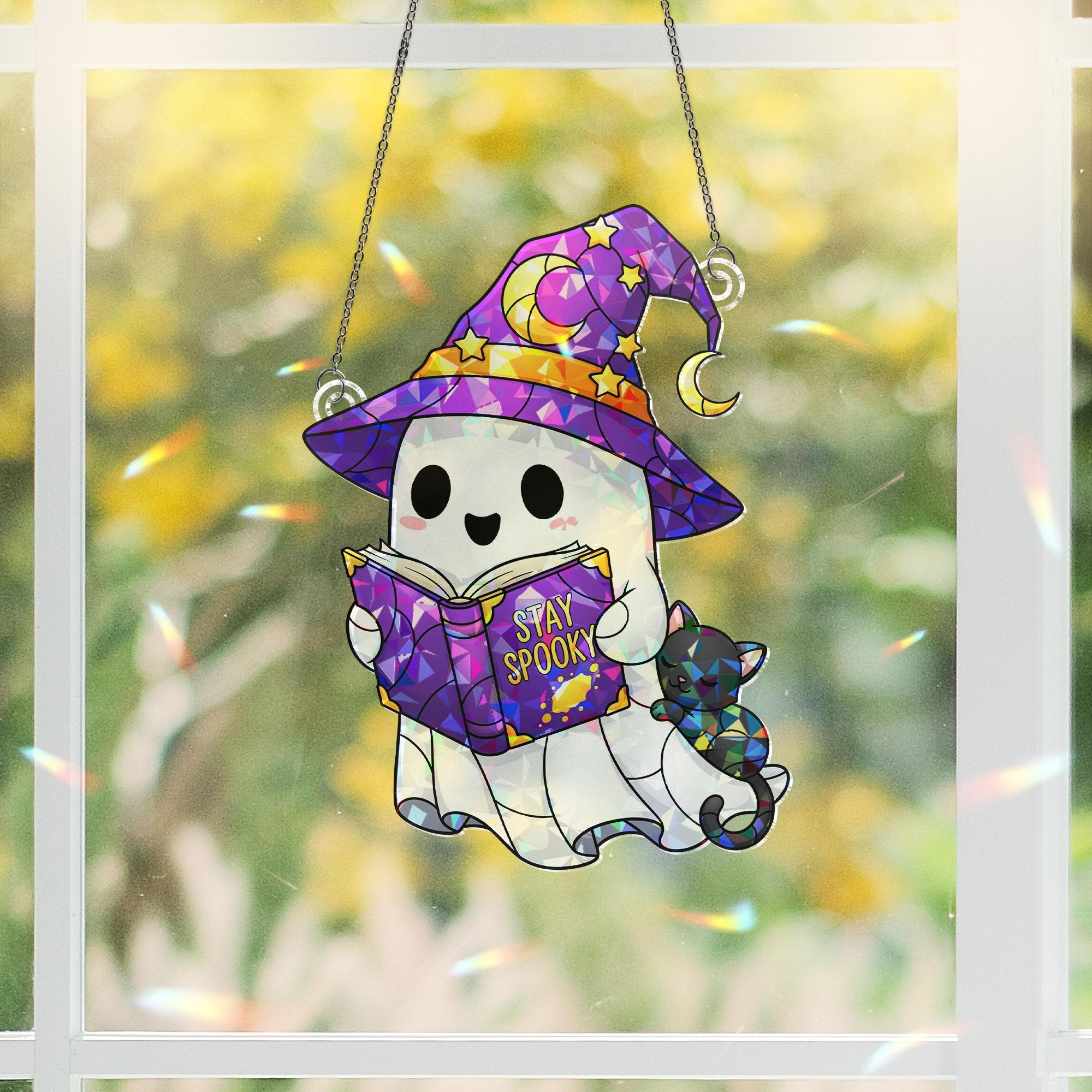 Cute Ghost Suncatcher, Stay Spooky Stained Glass Ghost and Cat, Witchy Book Lover Window Hanging, Kawaii Halloween Decor