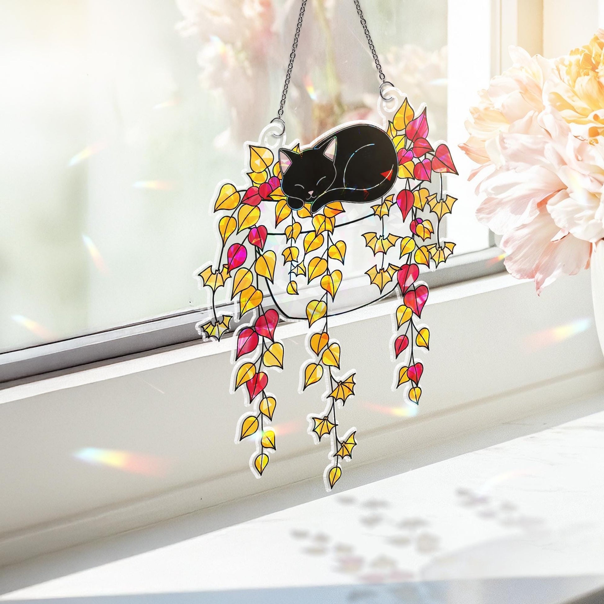 Holographic Black Cat Window Hanging, Fall Leaves Faux Glass Suncatcher, Autumn Cat Decor, Cute Cat Lover Gift, Boho Sun Catcher
