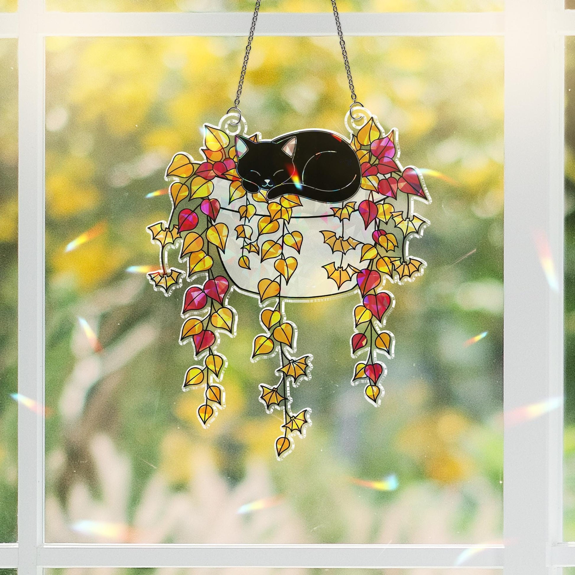 Holographic Black Cat Window Hanging, Fall Leaves Faux Glass Suncatcher, Autumn Cat Decor, Cute Cat Lover Gift, Boho Sun Catcher