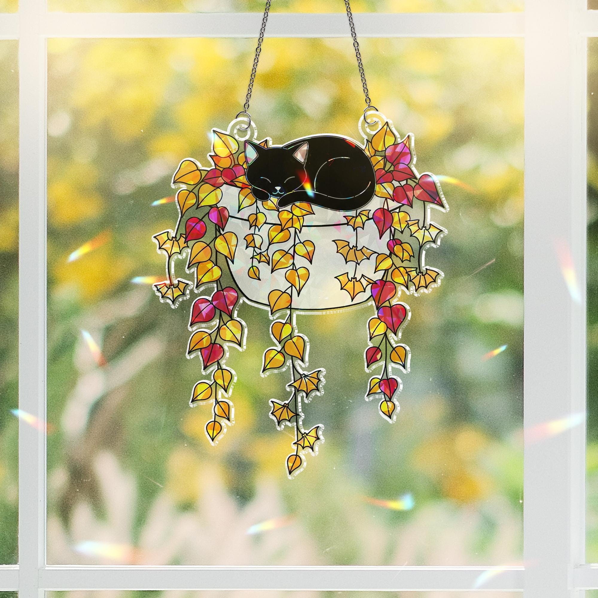 Holographic Black Cat Window Hanging, Fall Leaves Faux Glass Suncatcher, Autumn Cat Decor, Cute Cat Lover Gift, Boho Sun Catcher