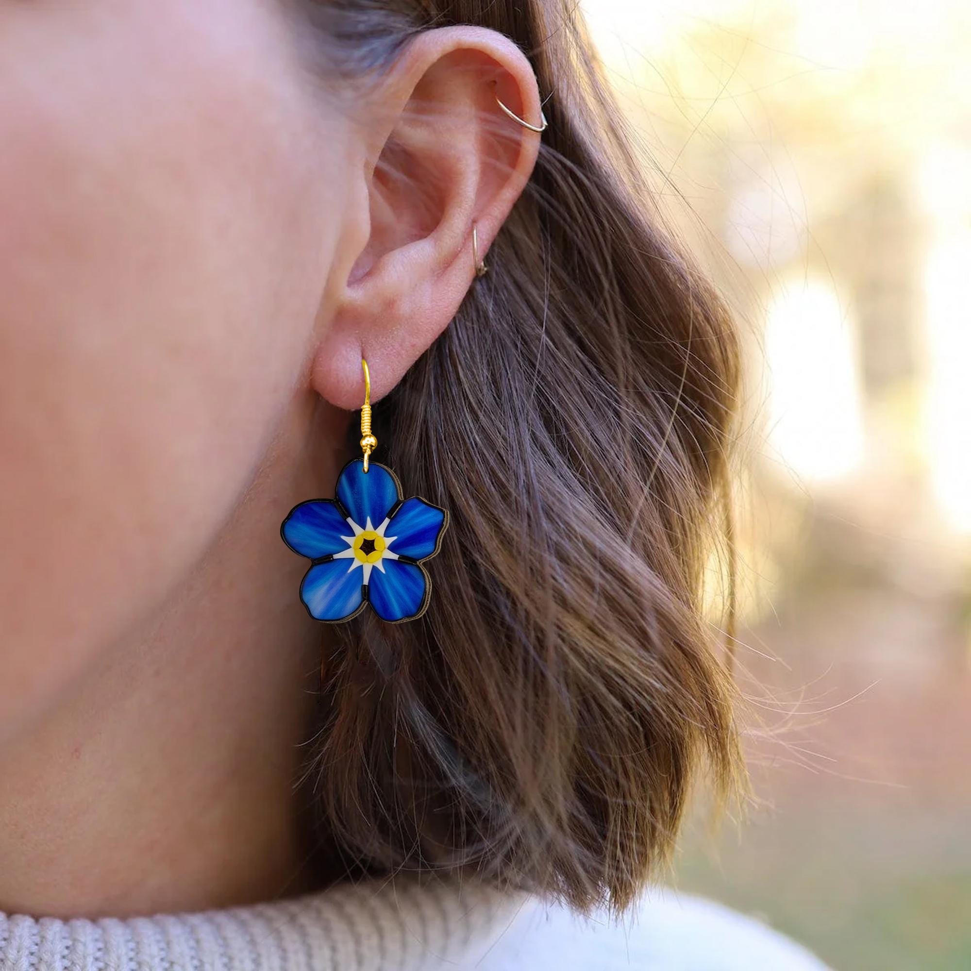 Forget Me Not Flower Earrings, Blue Acrylic Drop Earrings, Botanical Jewelry, Nature Inspired Gift for Her, Floral Statement Earrings