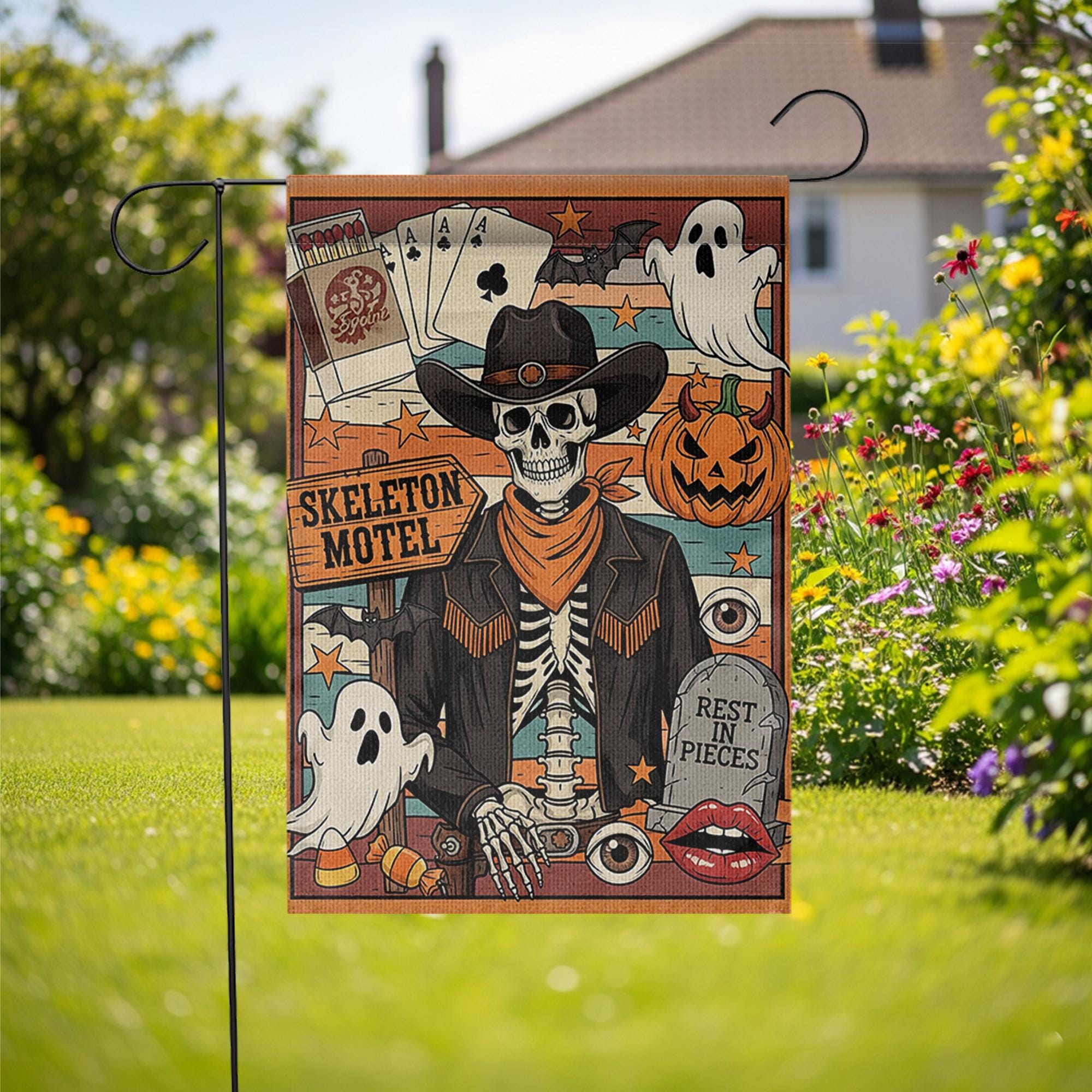 Cowboy Skeleton Garden Flag, Retro Halloween Yard Sign, Western Goth Decor, Vintage Spooky Porch Banner, Rest In Pieces Tattoo Art Flag