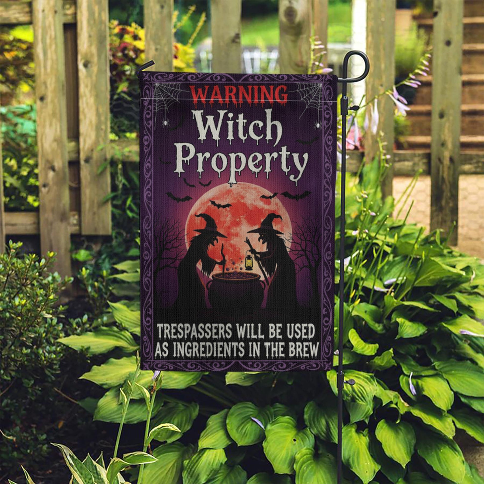 Witch Property Garden Flag, Funny Halloween Yard Sign, Trespassers Will Be Ingredients Porch Decor, Spooky Gothic Witch Banner