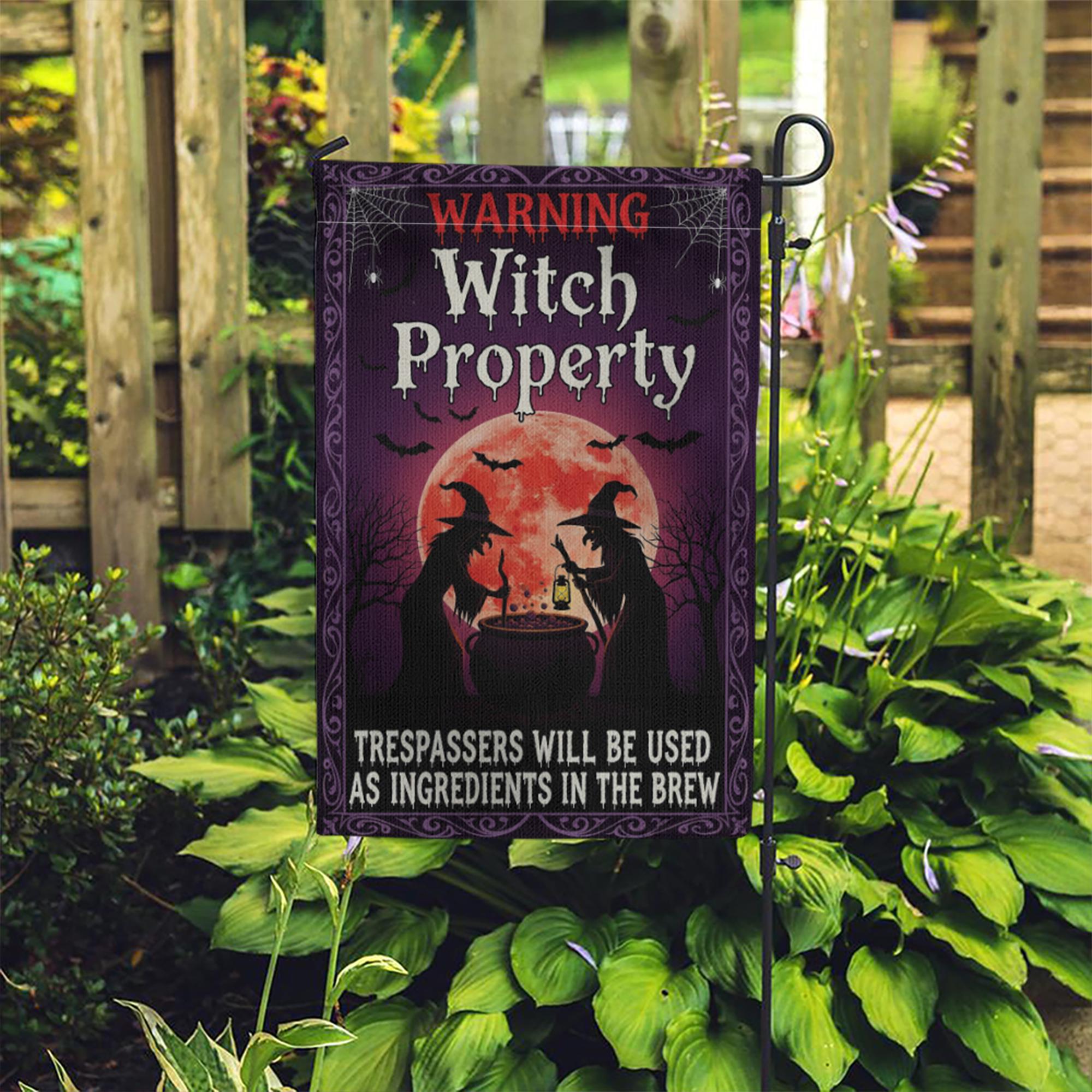 Witch Property Garden Flag, Funny Halloween Yard Sign, Trespassers Will Be Ingredients Porch Decor, Spooky Gothic Witch Banner