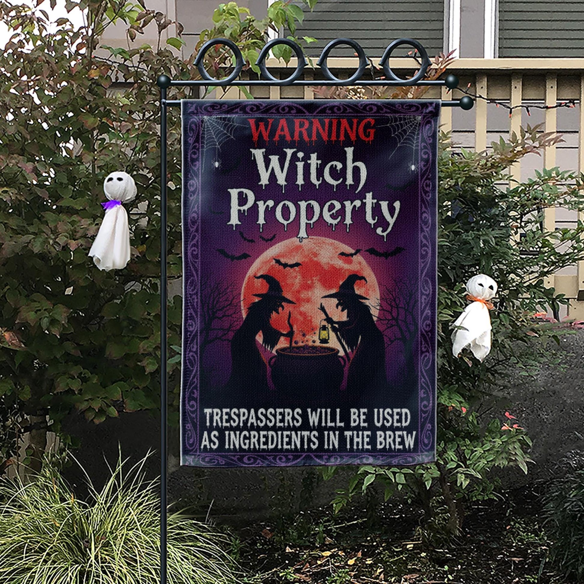 Witch Property Garden Flag, Funny Halloween Yard Sign, Trespassers Will Be Ingredients Porch Decor, Spooky Gothic Witch Banner